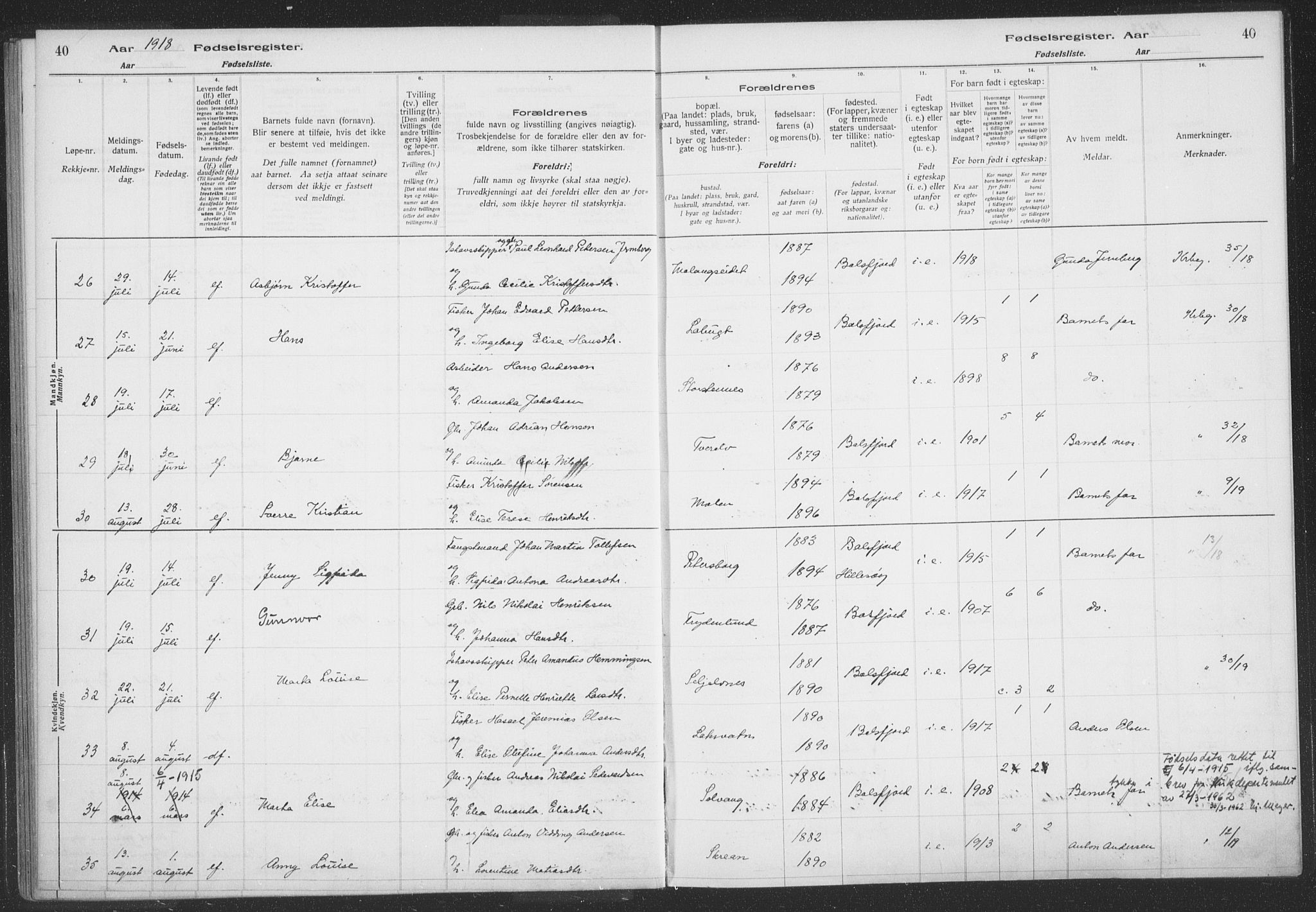 Balsfjord sokneprestembete, AV/SATØ-S-1303/H/Hb/L0059: Birth register no. 59, 1916-1930, p. 40