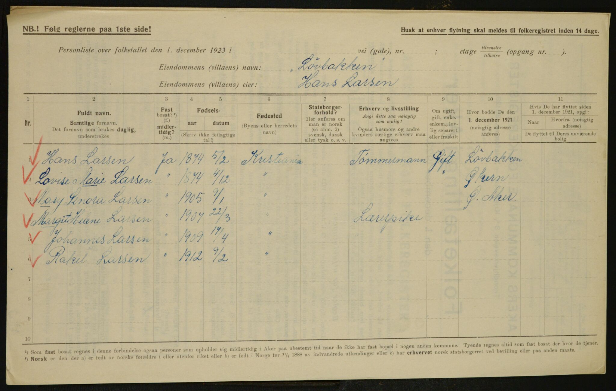 , Municipal Census 1923 for Aker, 1923, p. 35605