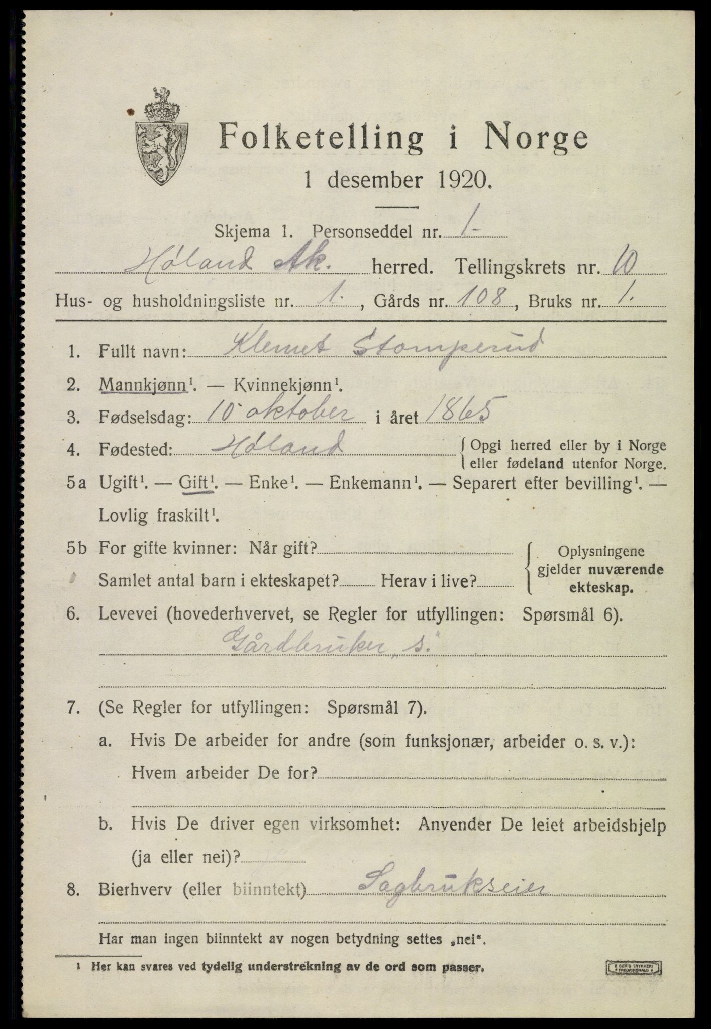 SAO, 1920 census for Høland, 1920, p. 10367