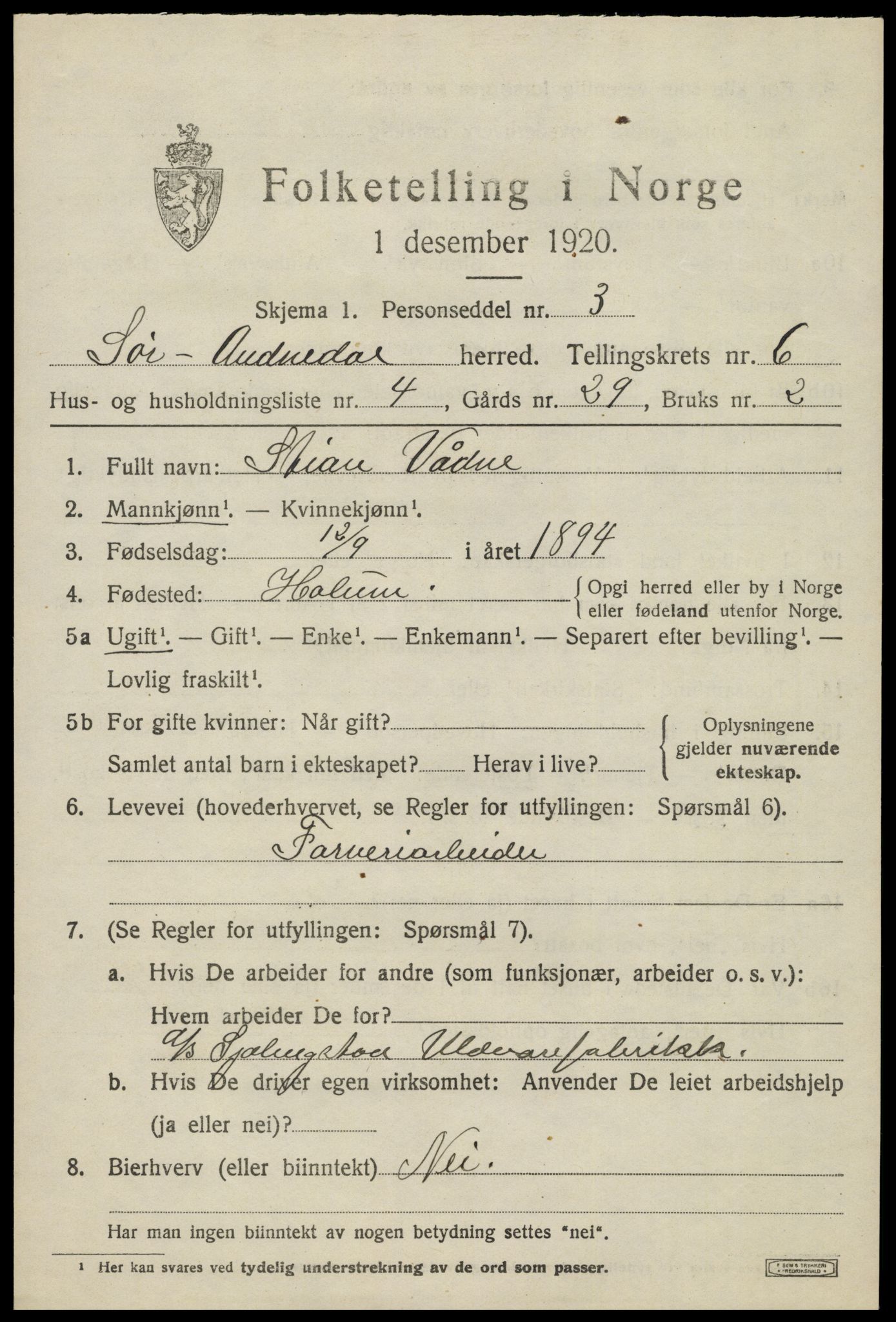 SAK, 1920 census for Sør-Audnedal, 1920, p. 2731