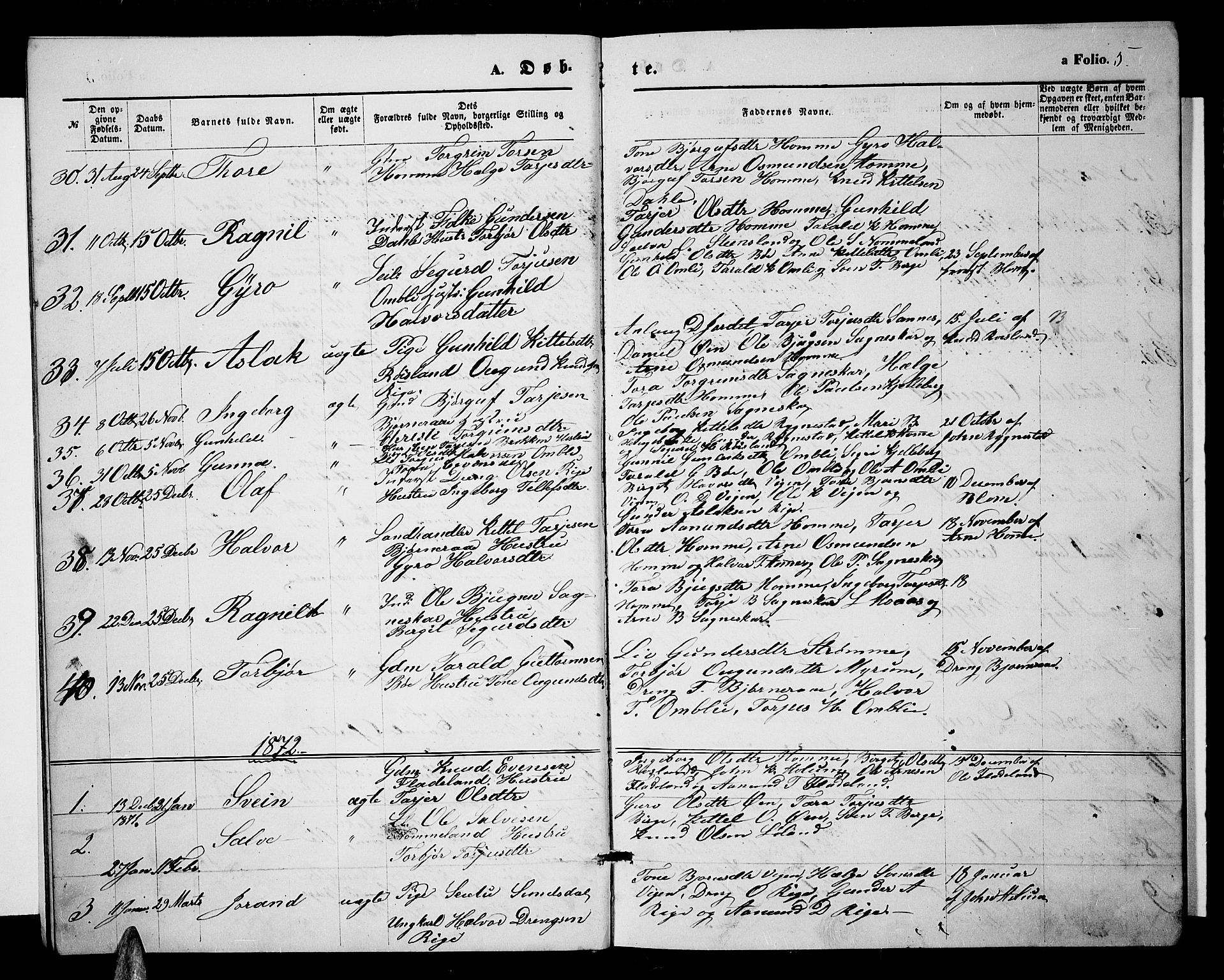 Valle sokneprestkontor, AV/SAK-1111-0044/F/Fb/Fbc/L0003: Parish register (copy) no. B 3, 1871-1890, p. 5