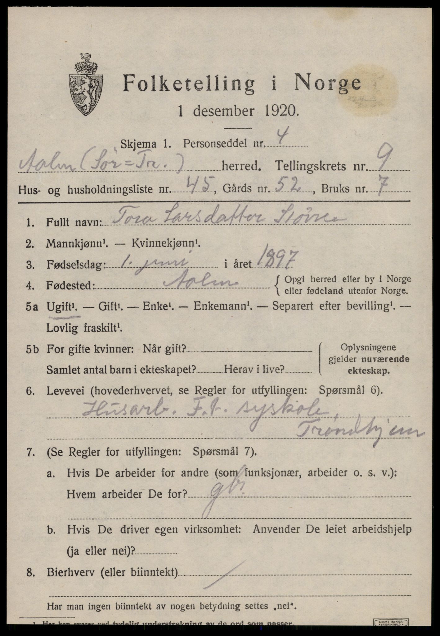 SAT, 1920 census for Ålen, 1920, p. 4658