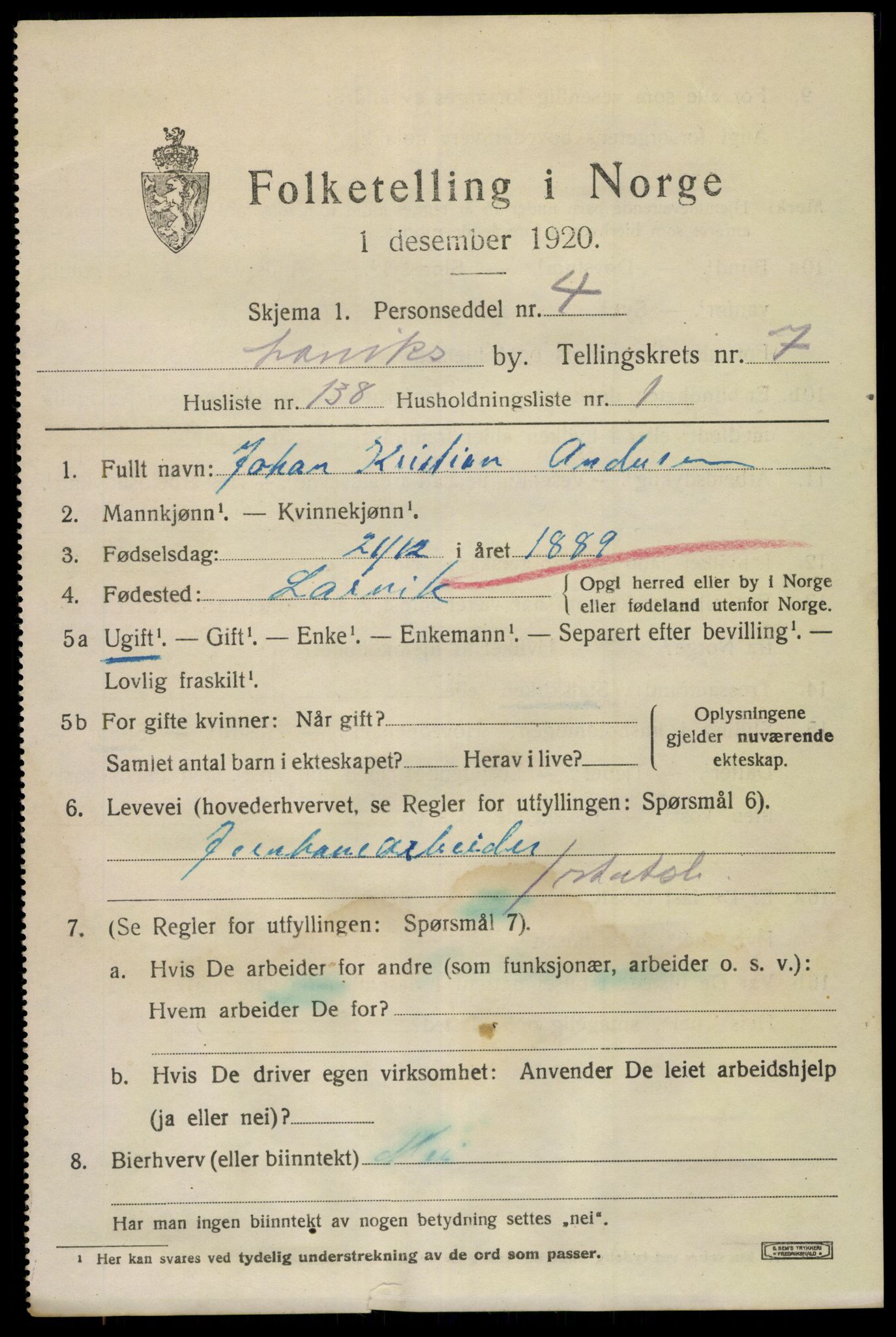 SAKO, 1920 census for Larvik, 1920, p. 22944