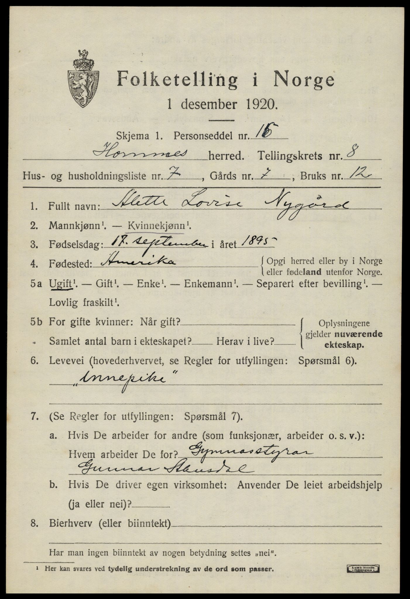 SAK, 1920 census for Hornnes, 1920, p. 1923