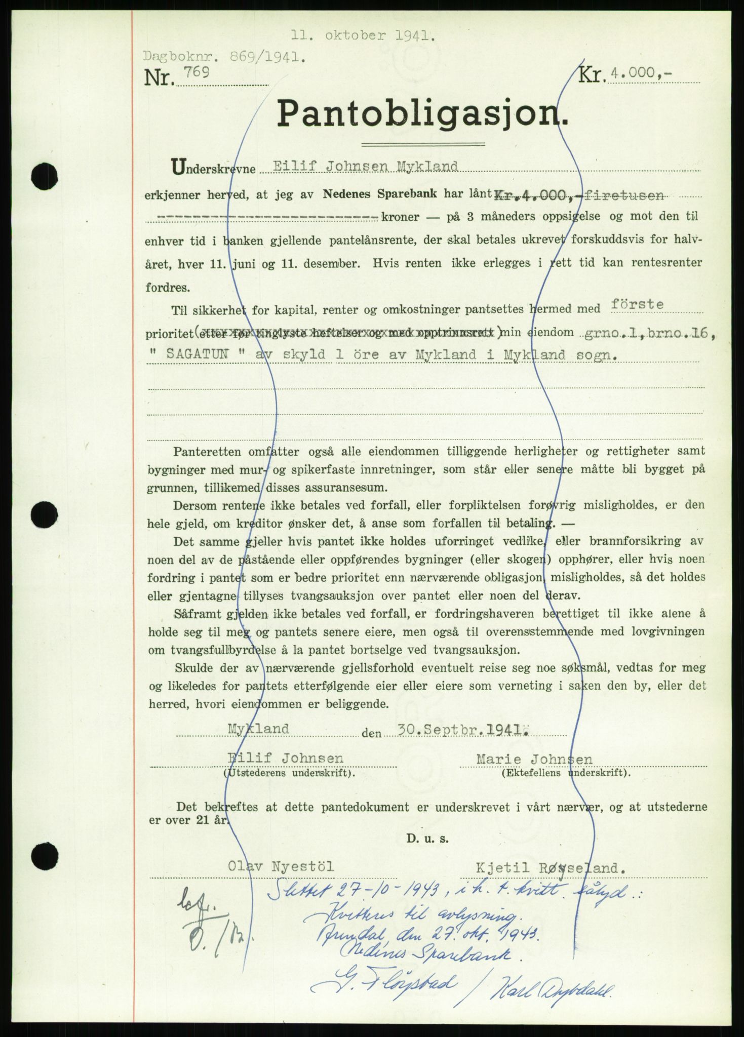 Nedenes sorenskriveri, SAK/1221-0006/G/Gb/Gbb/L0001: Mortgage book no. I, 1939-1942, Diary no: : 869/1941