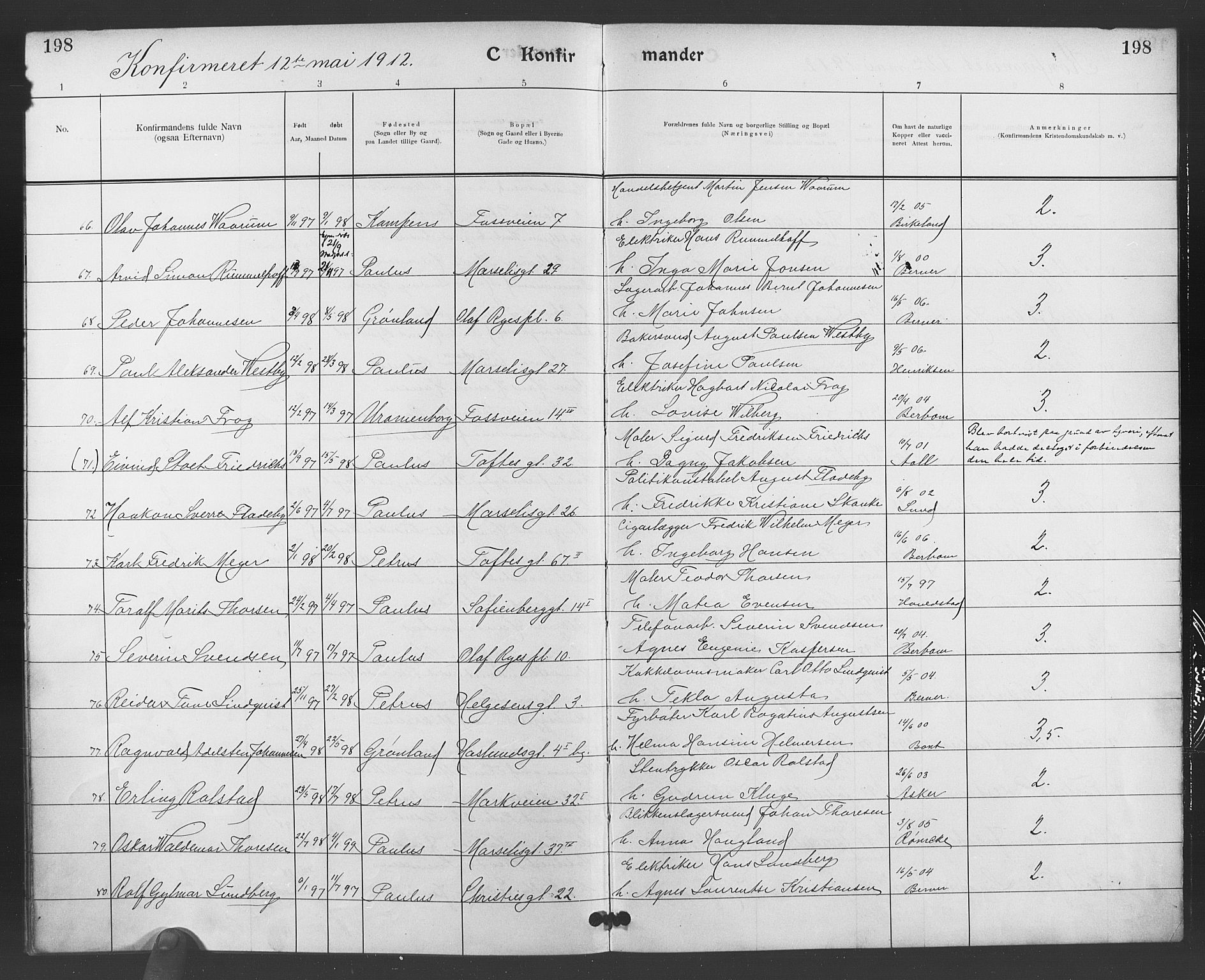 Paulus prestekontor Kirkebøker, AV/SAO-A-10871/F/Fa/L0008: Parish register (official) no. 8, 1904-1912, p. 198