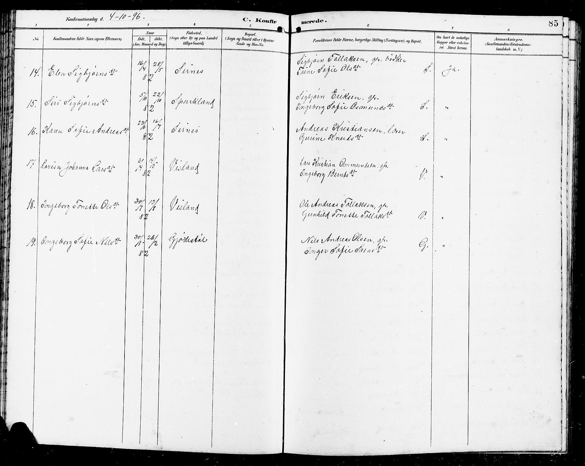 Bakke sokneprestkontor, SAK/1111-0002/F/Fb/Fba/L0003: Parish register (copy) no. B 3, 1894-1910, p. 85