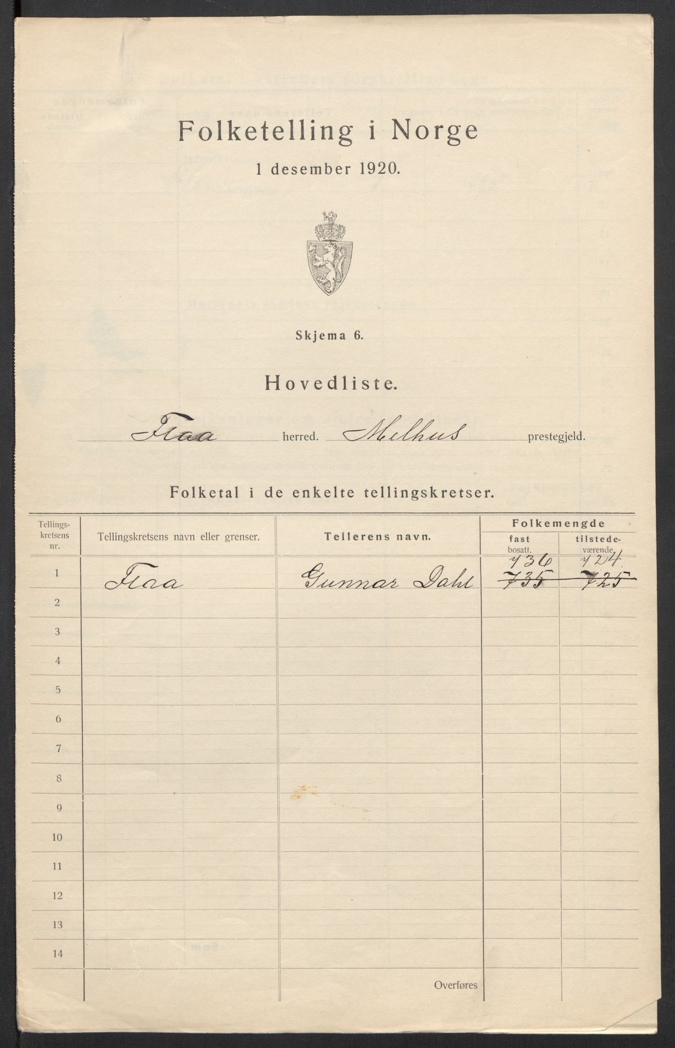 SAT, 1920 census for Flå, 1920, p. 3