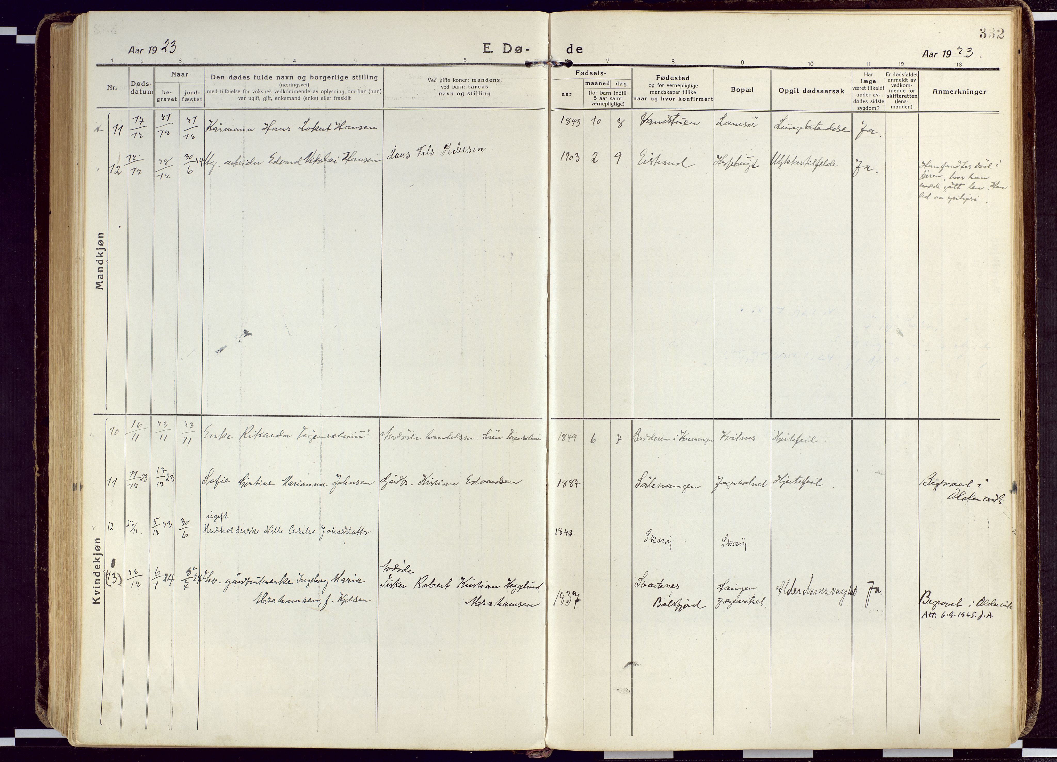 Karlsøy sokneprestembete, AV/SATØ-S-1299/H/Ha/Haa/L0015kirke: Parish register (official) no. 15, 1918-1929, p. 332