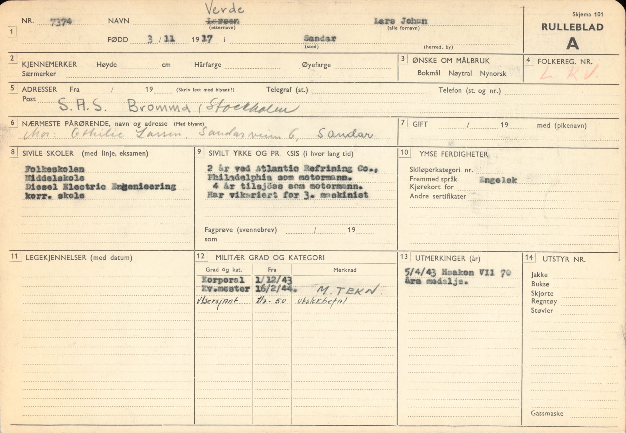 Forsvaret, Forsvarets overkommando/Luftforsvarsstaben, RA/RAFA-4079/P/Pa/L0052: Personellpapirer, 1917, p. 437