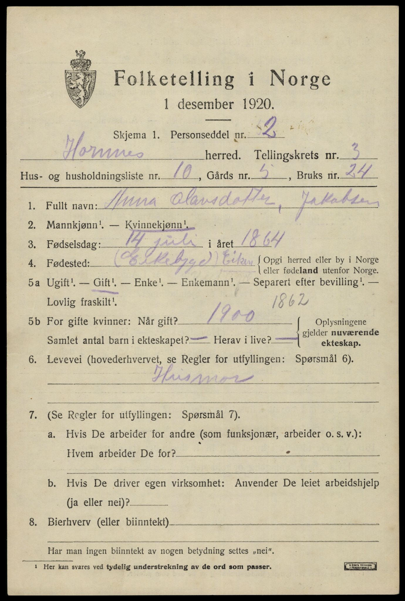 SAK, 1920 census for Hornnes, 1920, p. 911