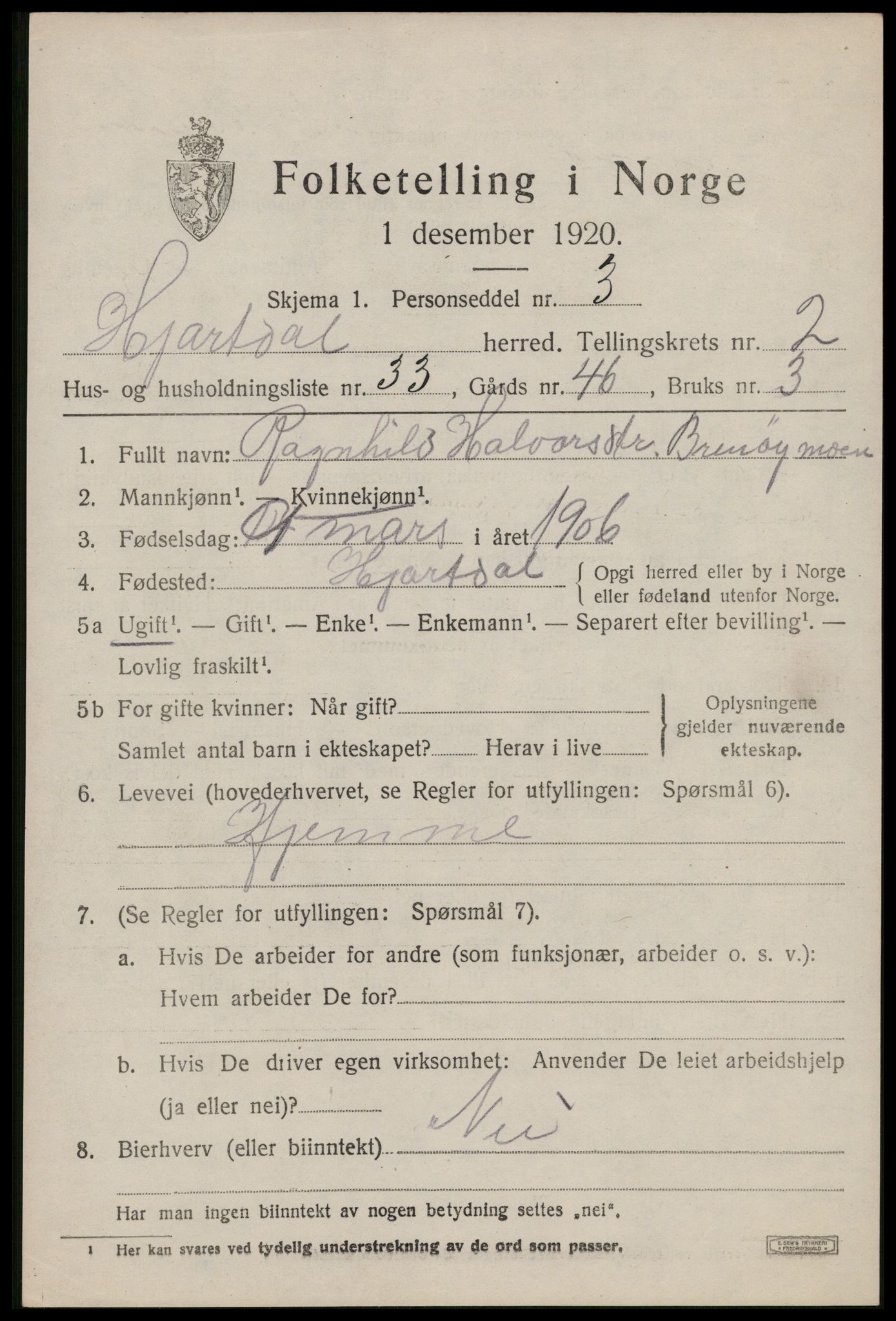 SAKO, 1920 census for Hjartdal, 1920, p. 2172