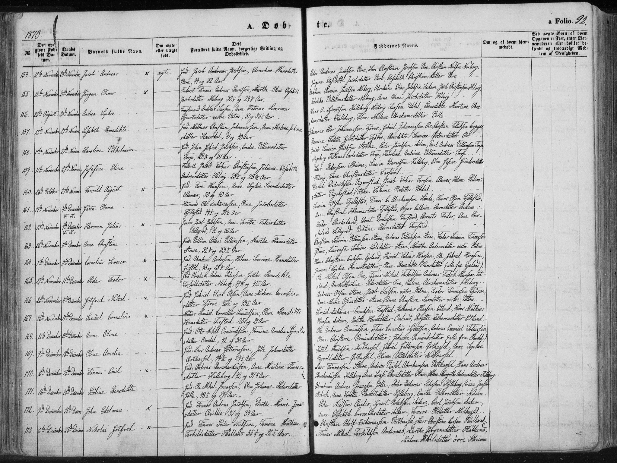 Lista sokneprestkontor, AV/SAK-1111-0027/F/Fa/L0011: Parish register (official) no. A 11, 1861-1878, p. 92