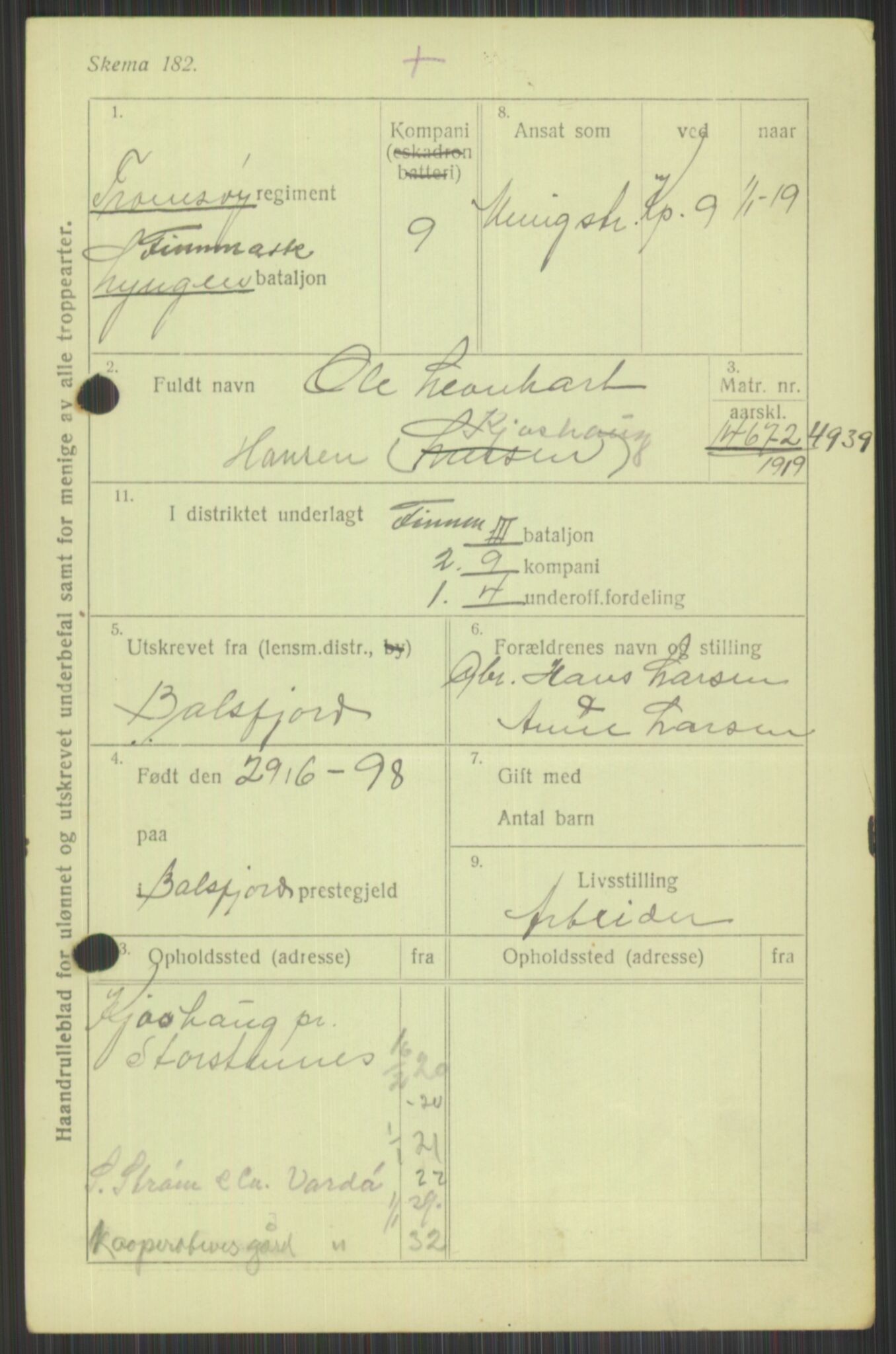 Forsvaret, Varanger bataljon, AV/RA-RAFA-2258/1/D/L0440: Rulleblad for fødte 1892-1912, 1892-1912, p. 279