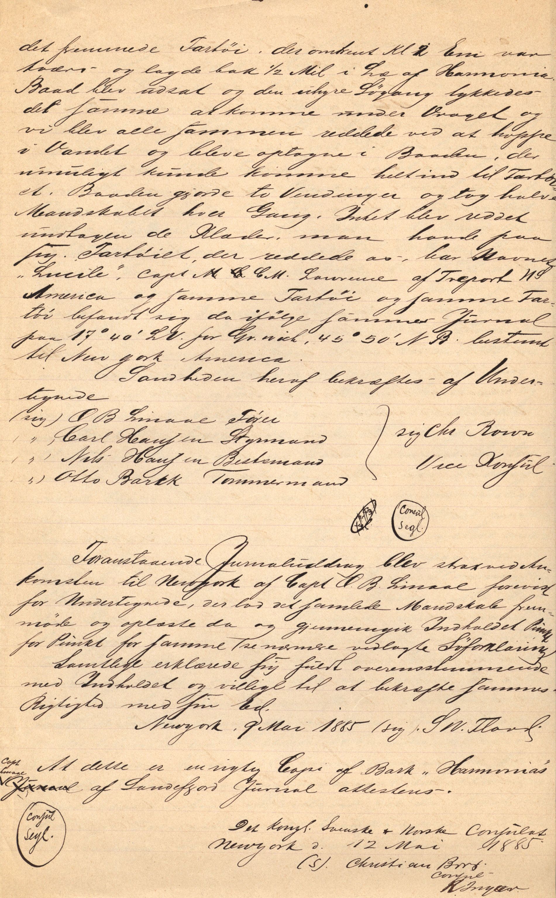 Pa 63 - Østlandske skibsassuranceforening, VEMU/A-1079/G/Ga/L0018/0006: Havaridokumenter / Johannes Rød, Harmonica, B.M. Width, Aron, Tre Brødre, 1885, p. 4