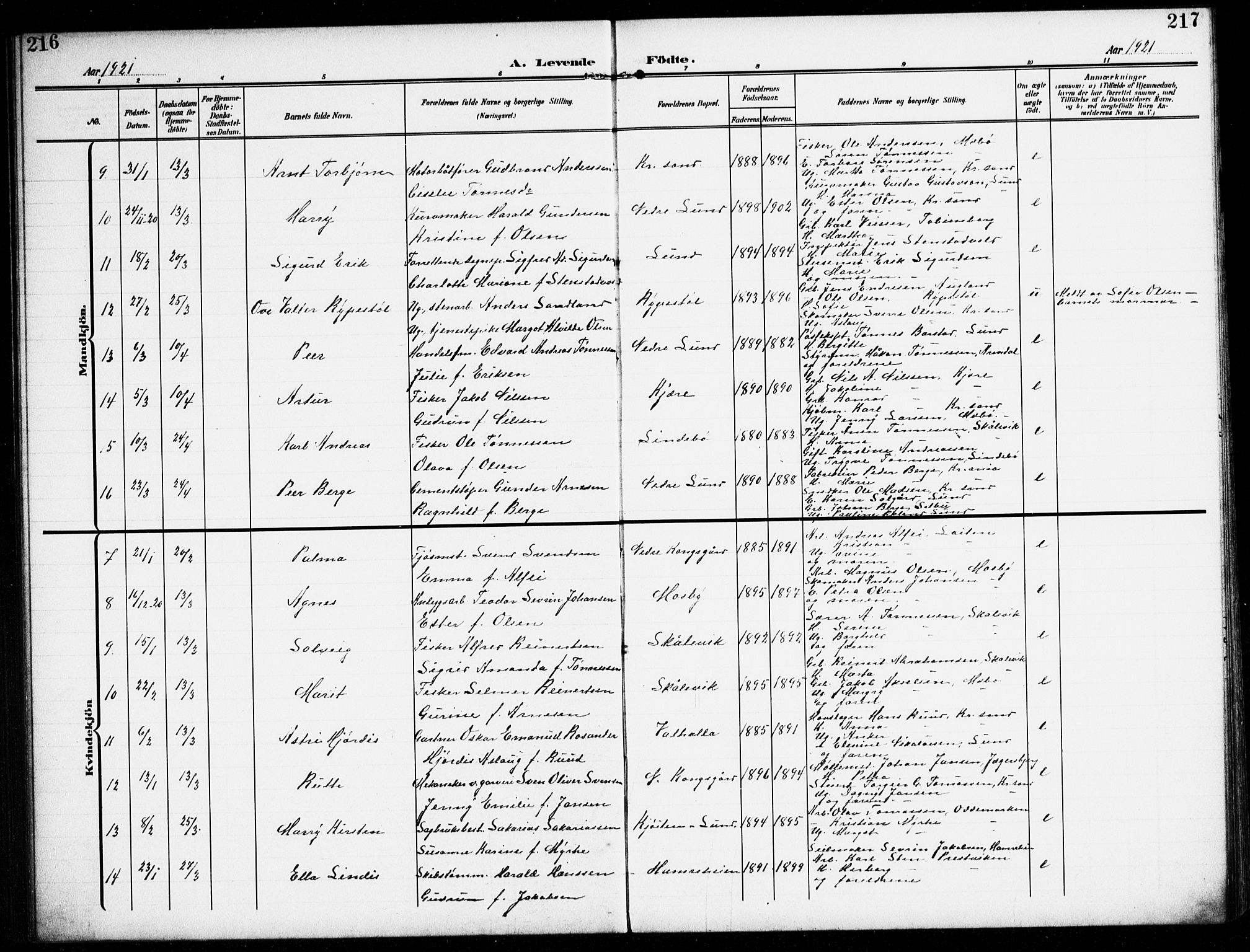 Oddernes sokneprestkontor, SAK/1111-0033/F/Fb/Fba/L0010: Parish register (copy) no. B 10, 1907-1941, p. 216-217