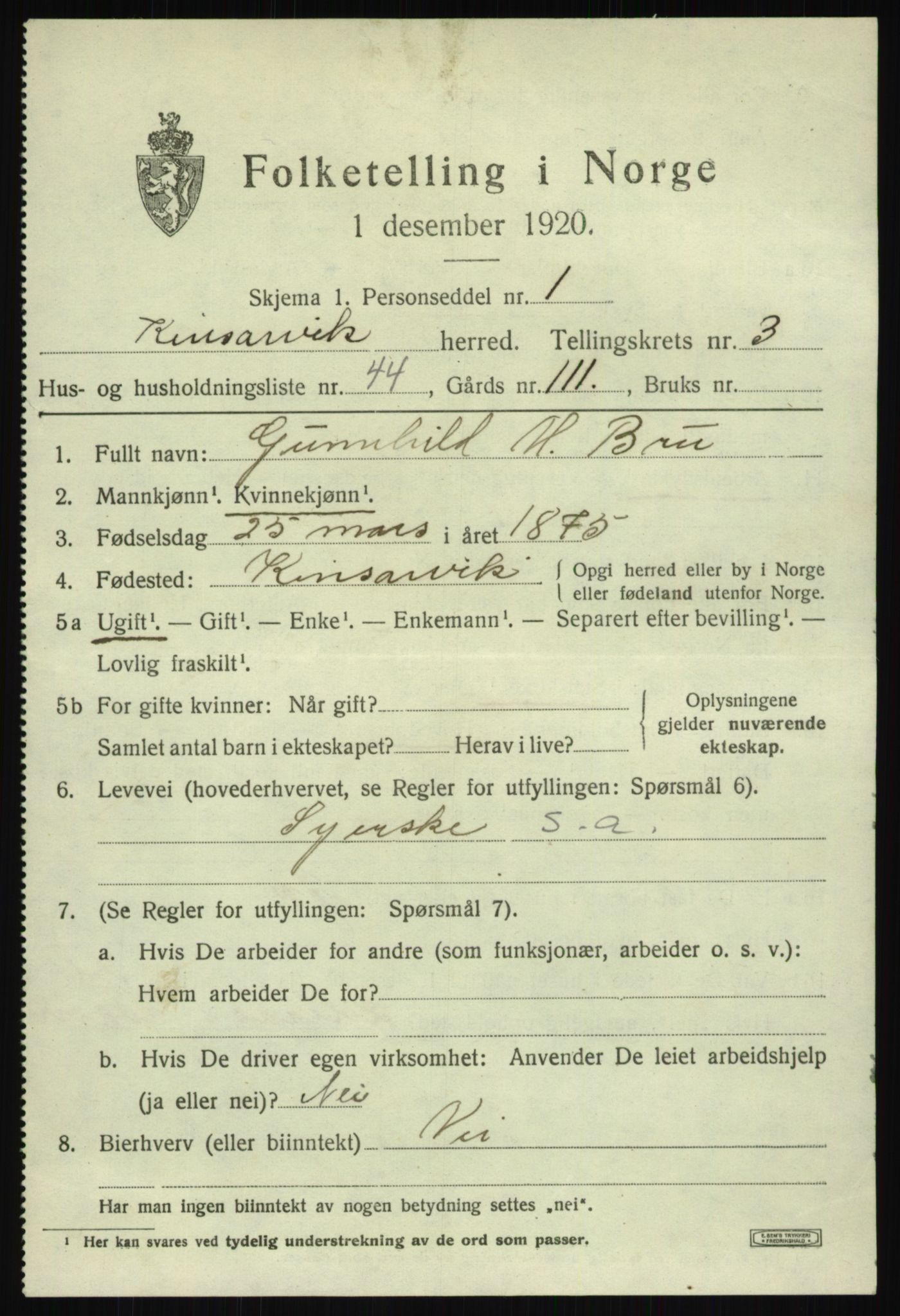 SAB, 1920 census for Kinsarvik, 1920, p. 2380