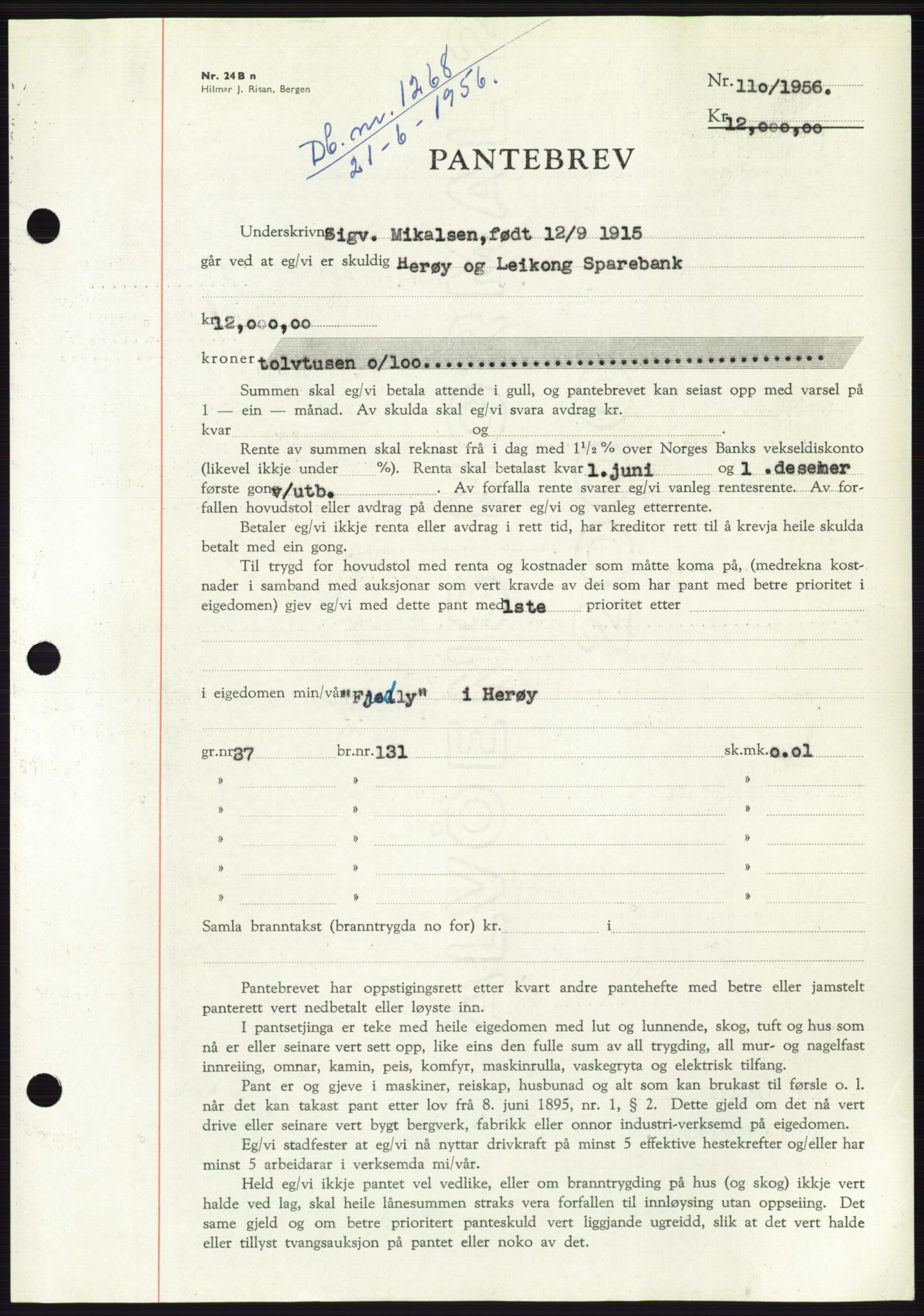 Søre Sunnmøre sorenskriveri, SAT/A-4122/1/2/2C/L0128: Mortgage book no. 16B, 1956-1956, Diary no: : 1268/1956