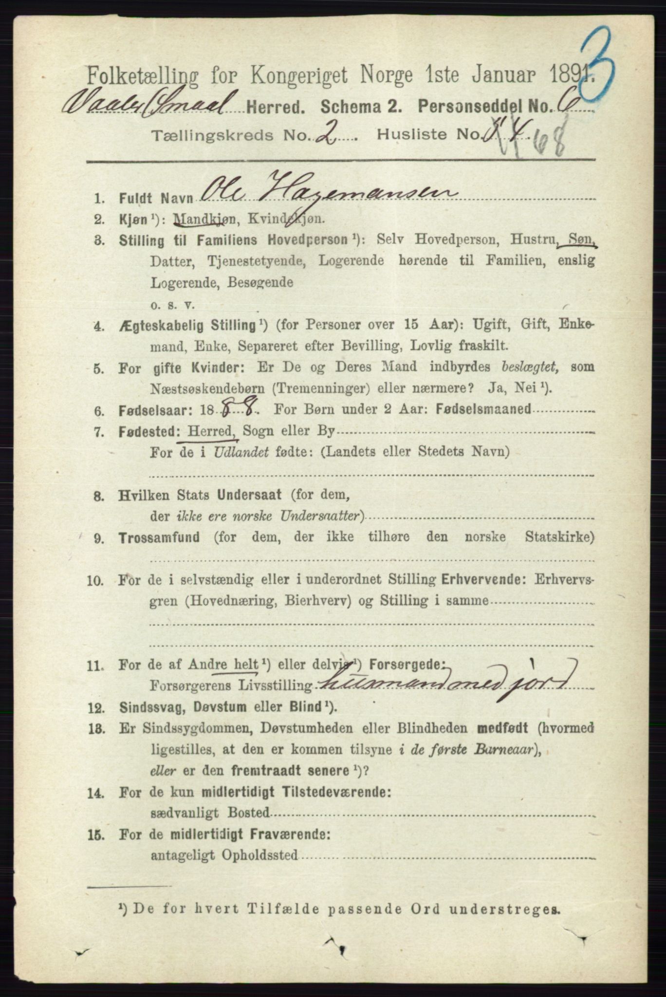 RA, 1891 census for 0137 Våler, 1891, p. 1036