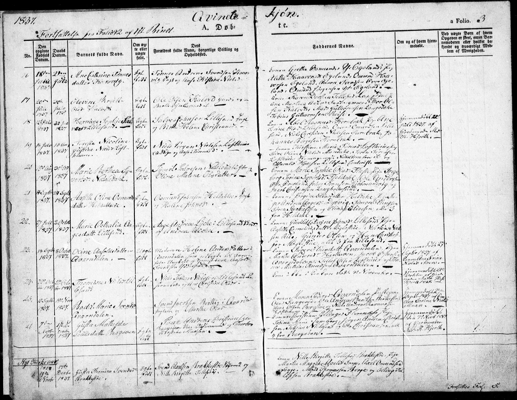 Vestre Moland sokneprestkontor, SAK/1111-0046/F/Fb/Fbb/L0002: Parish register (copy) no. B 2, 1836-1851, p. 3