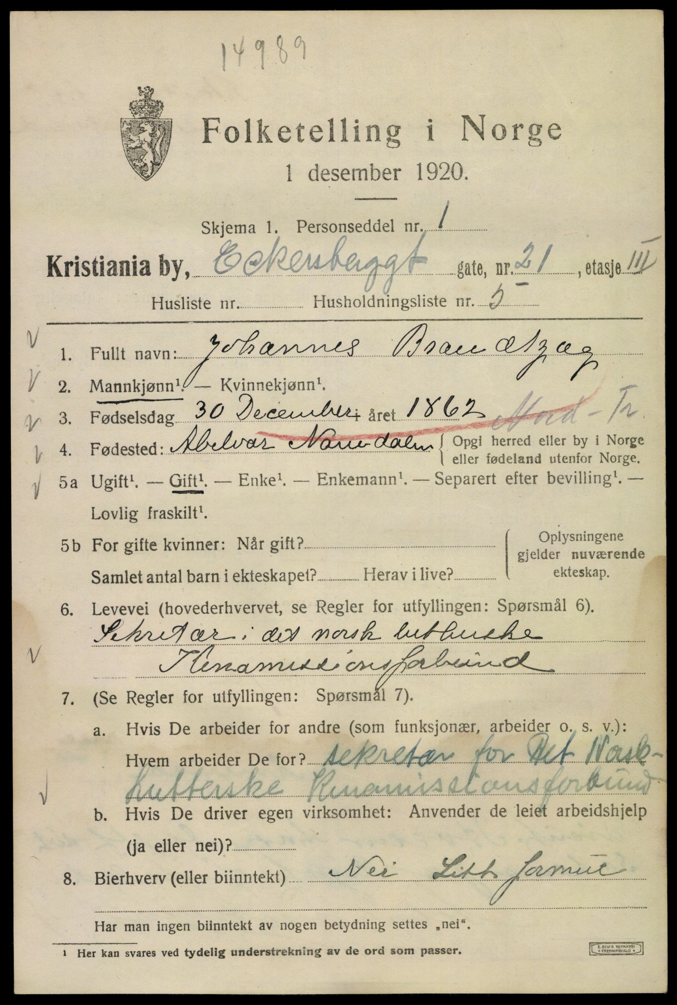 SAO, 1920 census for Kristiania, 1920, p. 208265