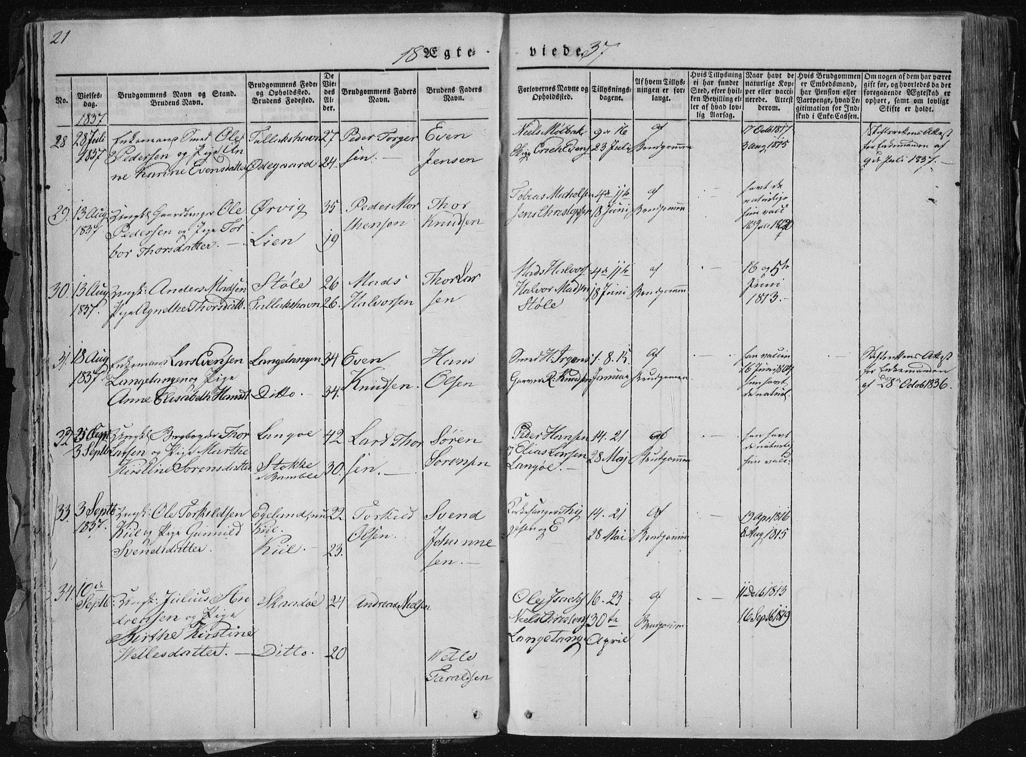 Sannidal kirkebøker, AV/SAKO-A-296/F/Fa/L0007: Parish register (official) no. 7, 1831-1854, p. 21