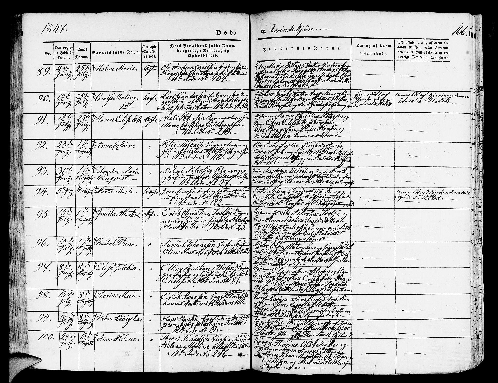 Domkirken sokneprestembete, AV/SAB-A-74801/H/Hab/L0009: Parish register (copy) no. B 2, 1842-1849, p. 166