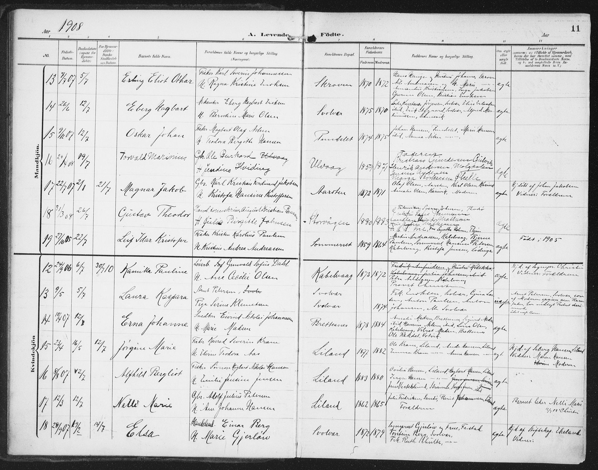 Ministerialprotokoller, klokkerbøker og fødselsregistre - Nordland, AV/SAT-A-1459/874/L1063: Parish register (official) no. 874A07, 1907-1915, p. 11