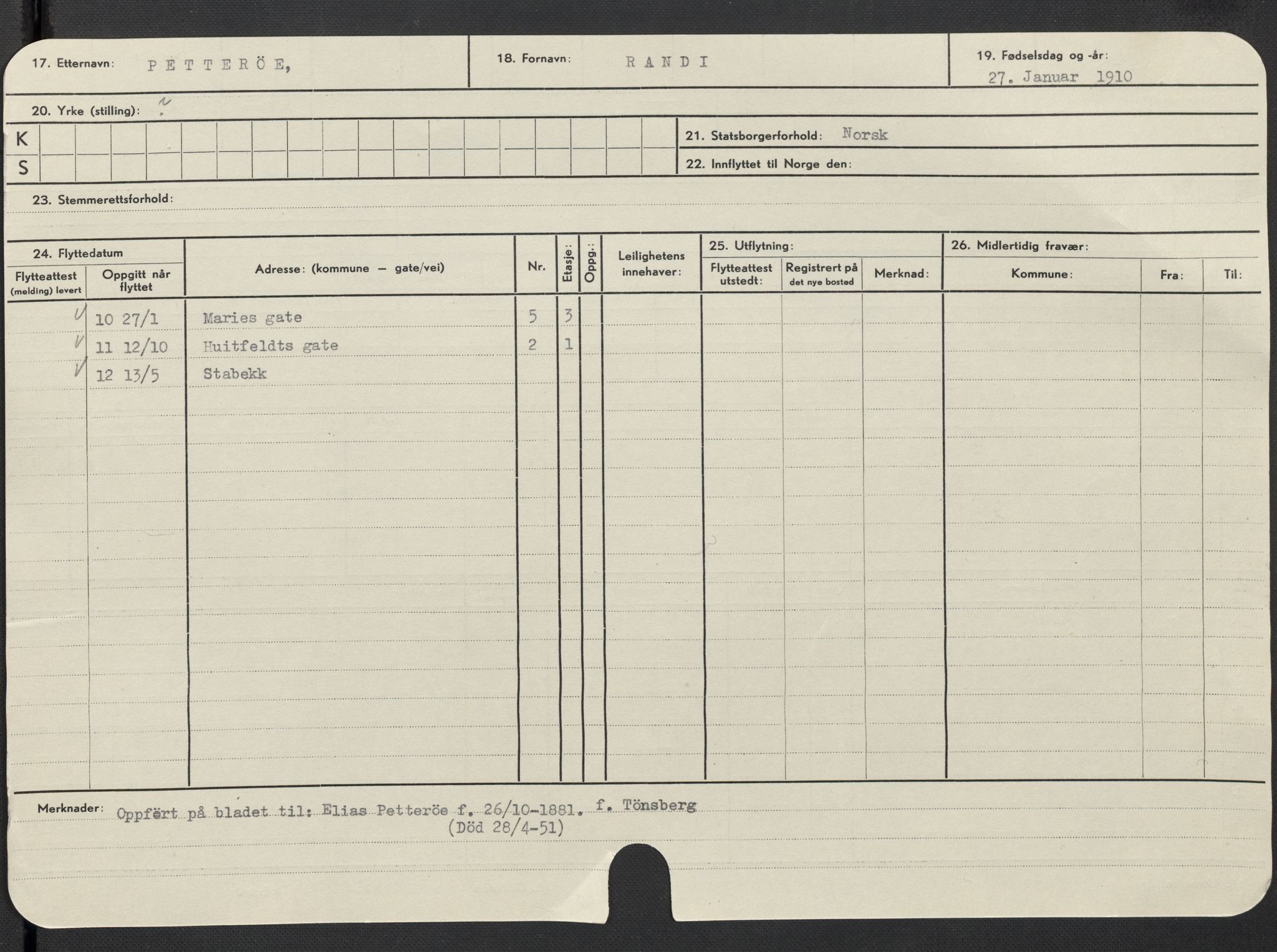 Oslo folkeregister, Registerkort, AV/SAO-A-11715/F/Fa/Fac/L0022: Kvinner, 1906-1914, p. 1076a