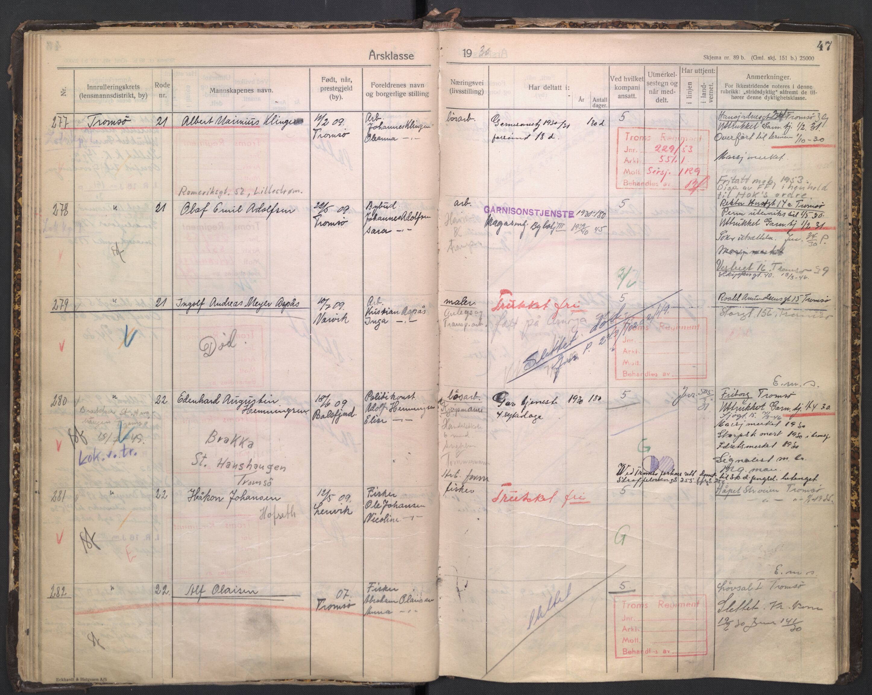 Forsvaret, Troms infanteriregiment nr. 16, AV/RA-RAFA-3146/P/Pa/L0005/0003: Ruller / Rulle for regimentets stridende menige mannskaper, årsklasse 1930, 1930, p. 47