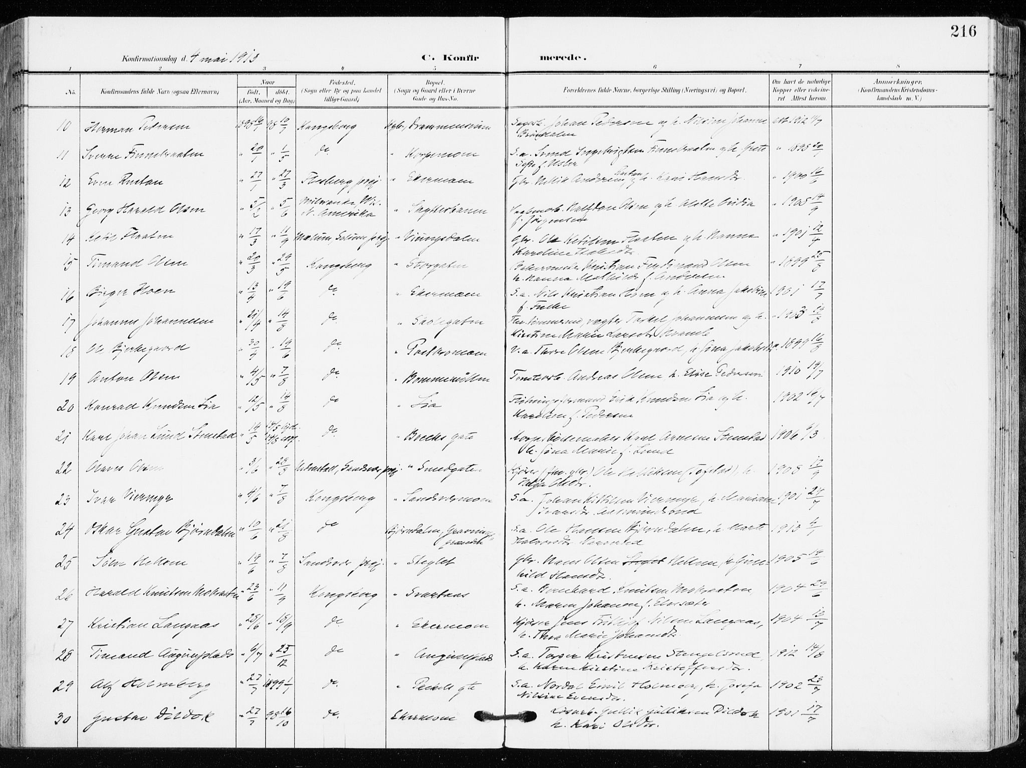 Kongsberg kirkebøker, AV/SAKO-A-22/F/Fb/L0004: Parish register (official) no. II 4, 1906-1918, p. 216