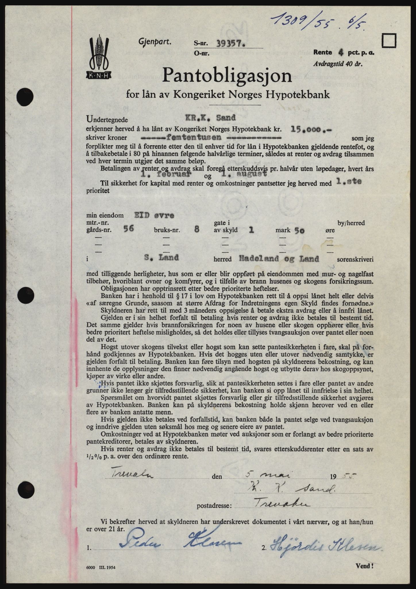 Hadeland og Land tingrett, SAH/TING-010/H/Hb/Hbc/L0032: Mortgage book no. B32, 1955-1955, Diary no: : 1309/1955