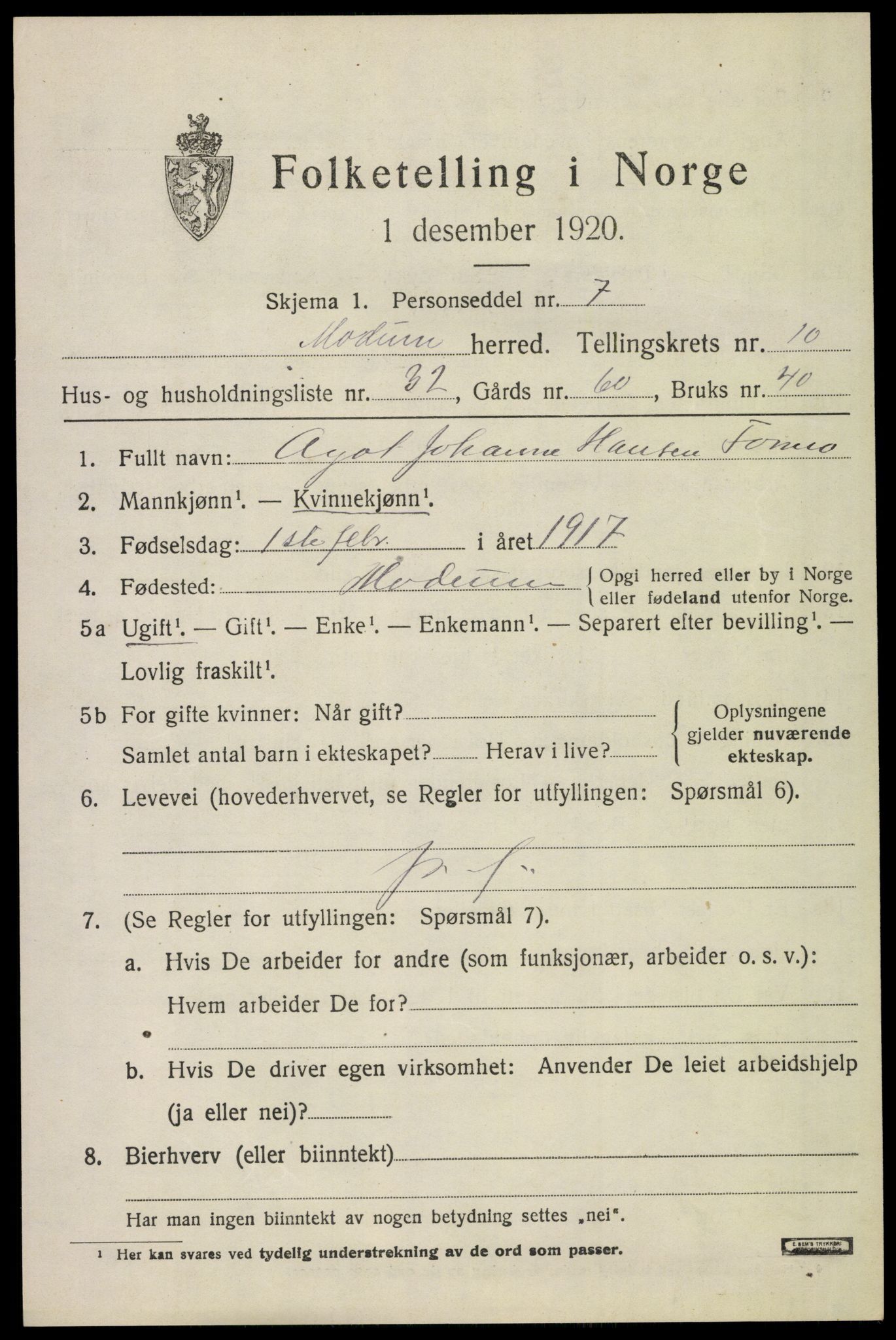 SAKO, 1920 census for Modum, 1920, p. 13291