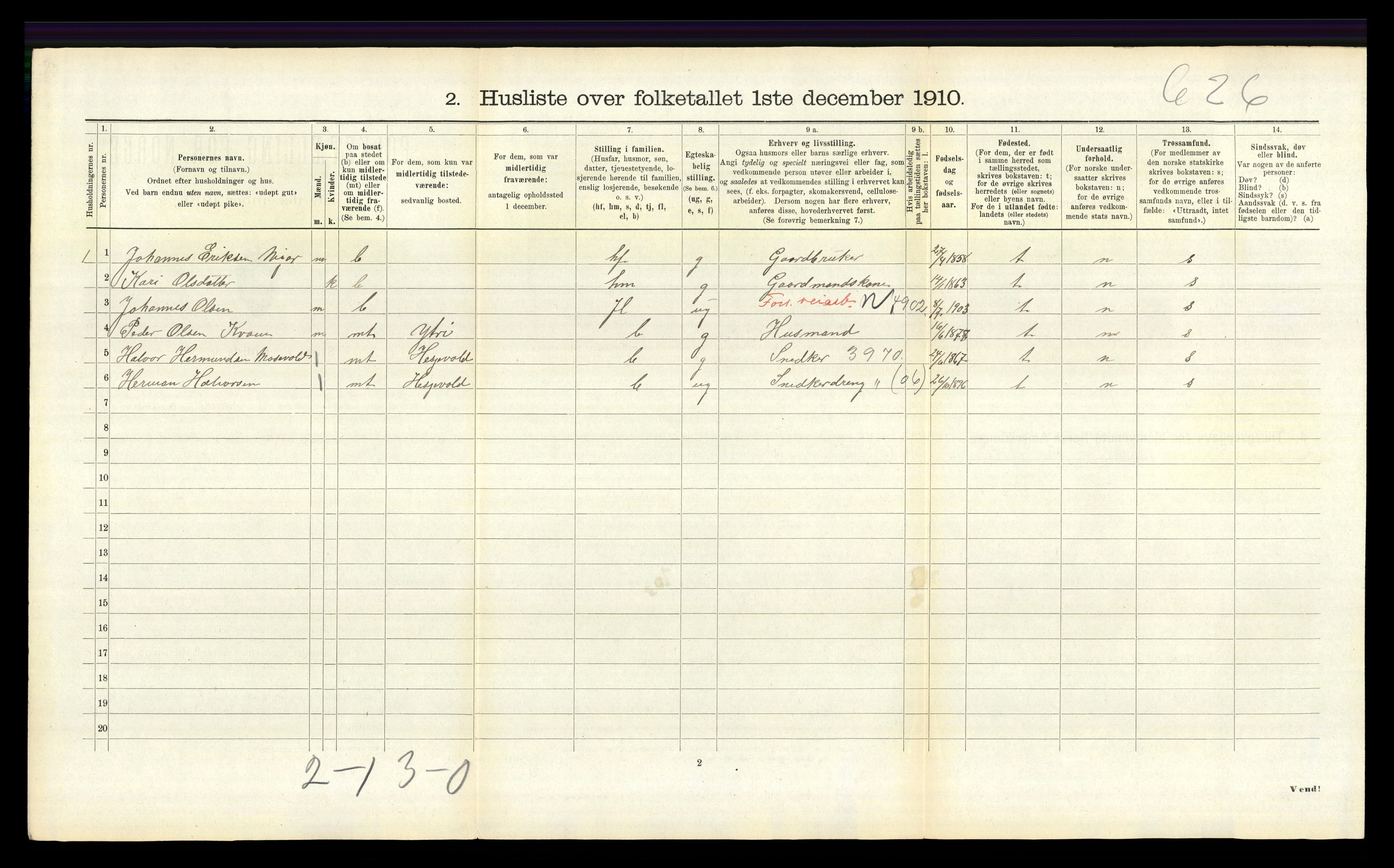 RA, 1910 census for Jostedal, 1910, p. 214