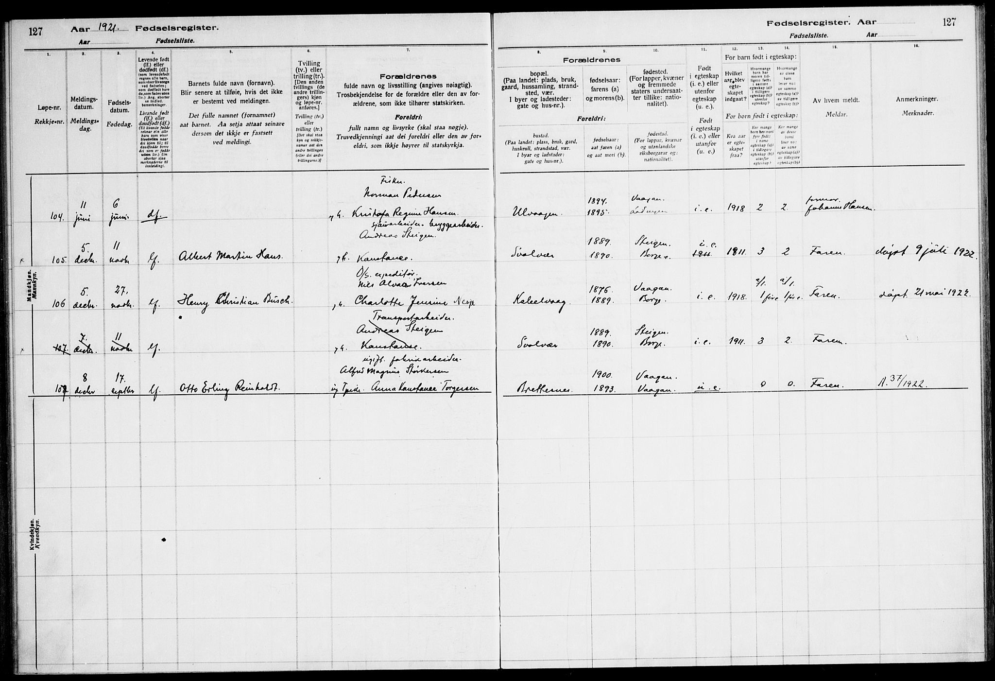 Ministerialprotokoller, klokkerbøker og fødselsregistre - Nordland, AV/SAT-A-1459/874/L1089: Birth register no. 874.II.4.1, 1916-1926, p. 127