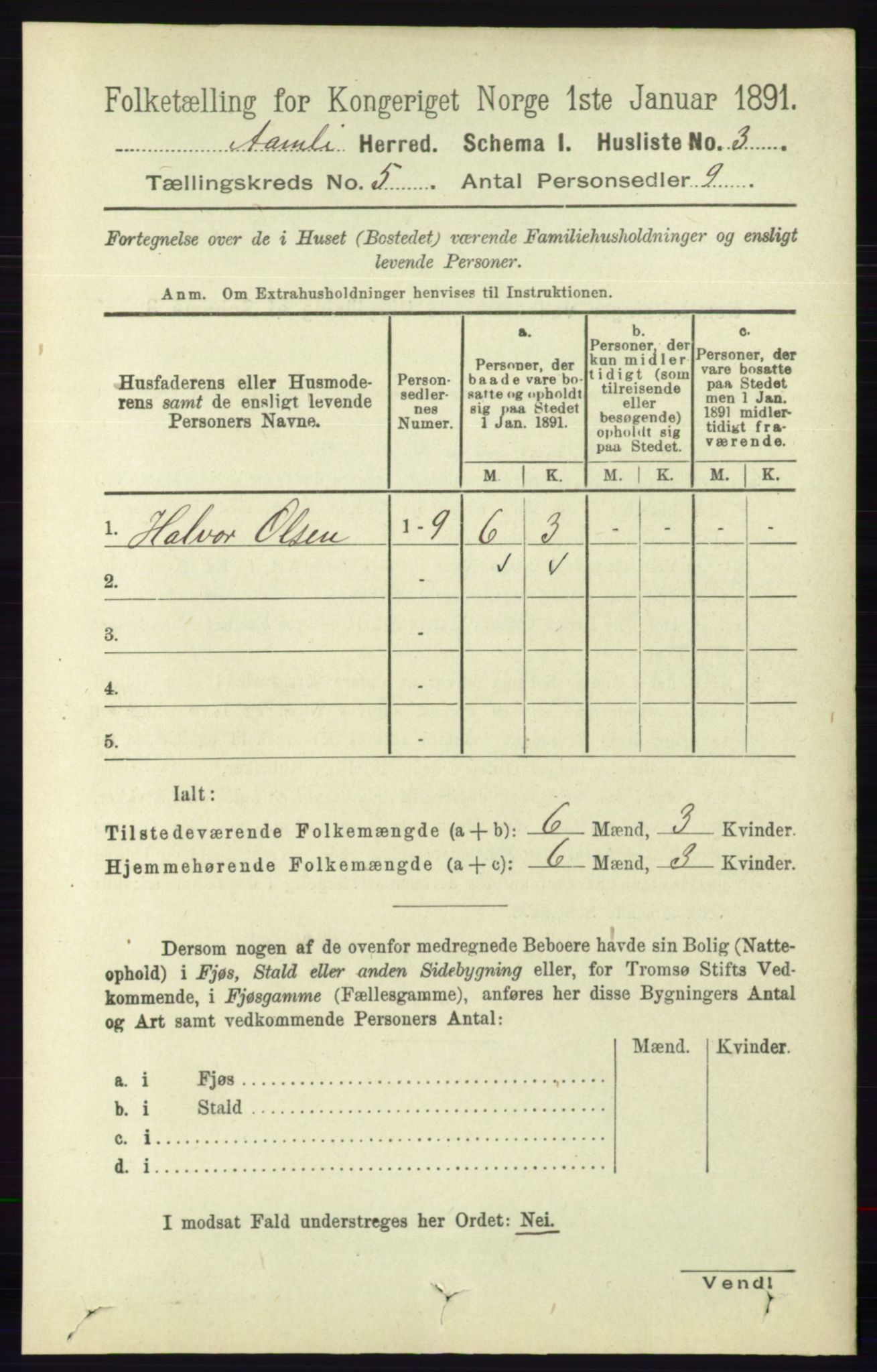 RA, 1891 census for 0929 Åmli, 1891, p. 648