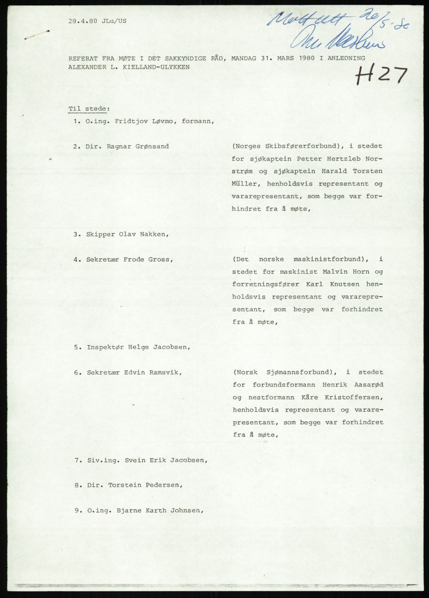 Justisdepartementet, Granskningskommisjonen ved Alexander Kielland-ulykken 27.3.1980, AV/RA-S-1165/D/L0013: H Sjøfartsdirektoratet og Skipskontrollen (H25-H43, H45, H47-H48, H50, H52)/I Det norske Veritas (I34, I41, I47), 1980-1981, p. 8