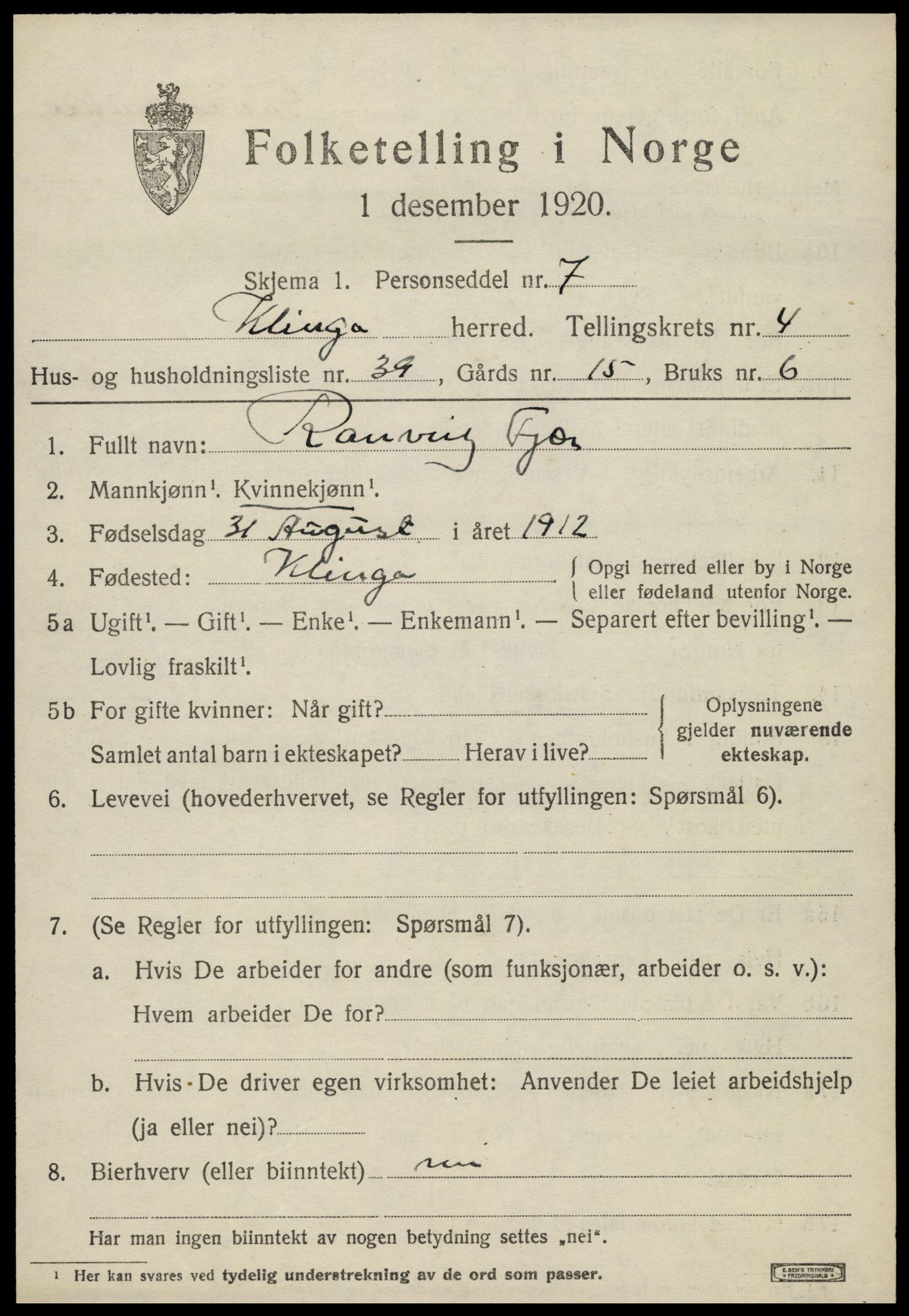 SAT, 1920 census for Klinga, 1920, p. 2853