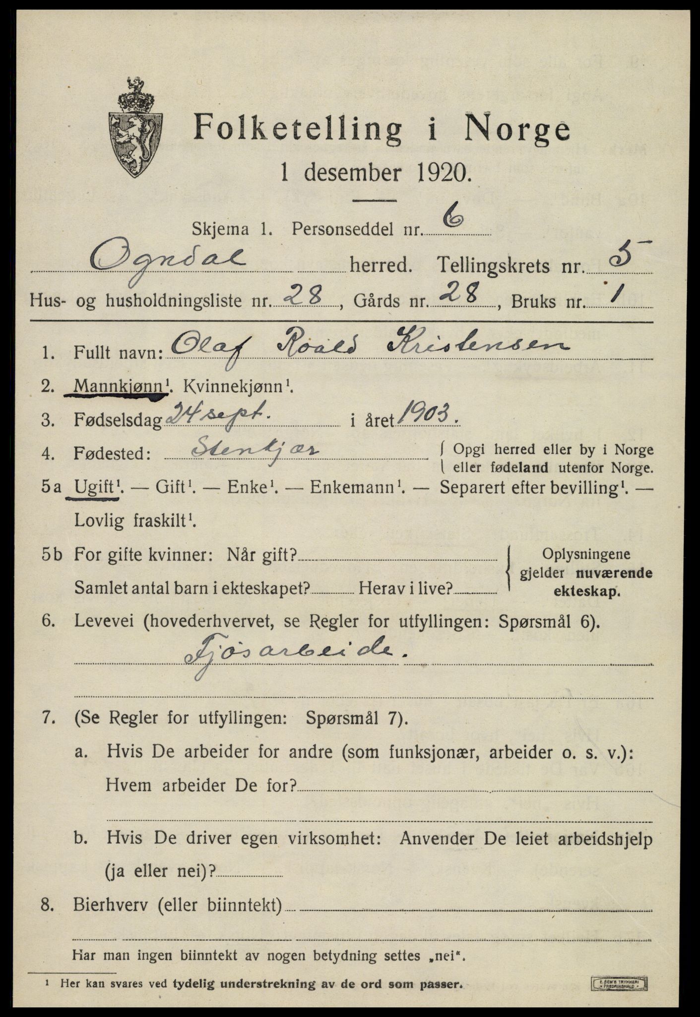 SAT, 1920 census for Ogndal, 1920, p. 2279