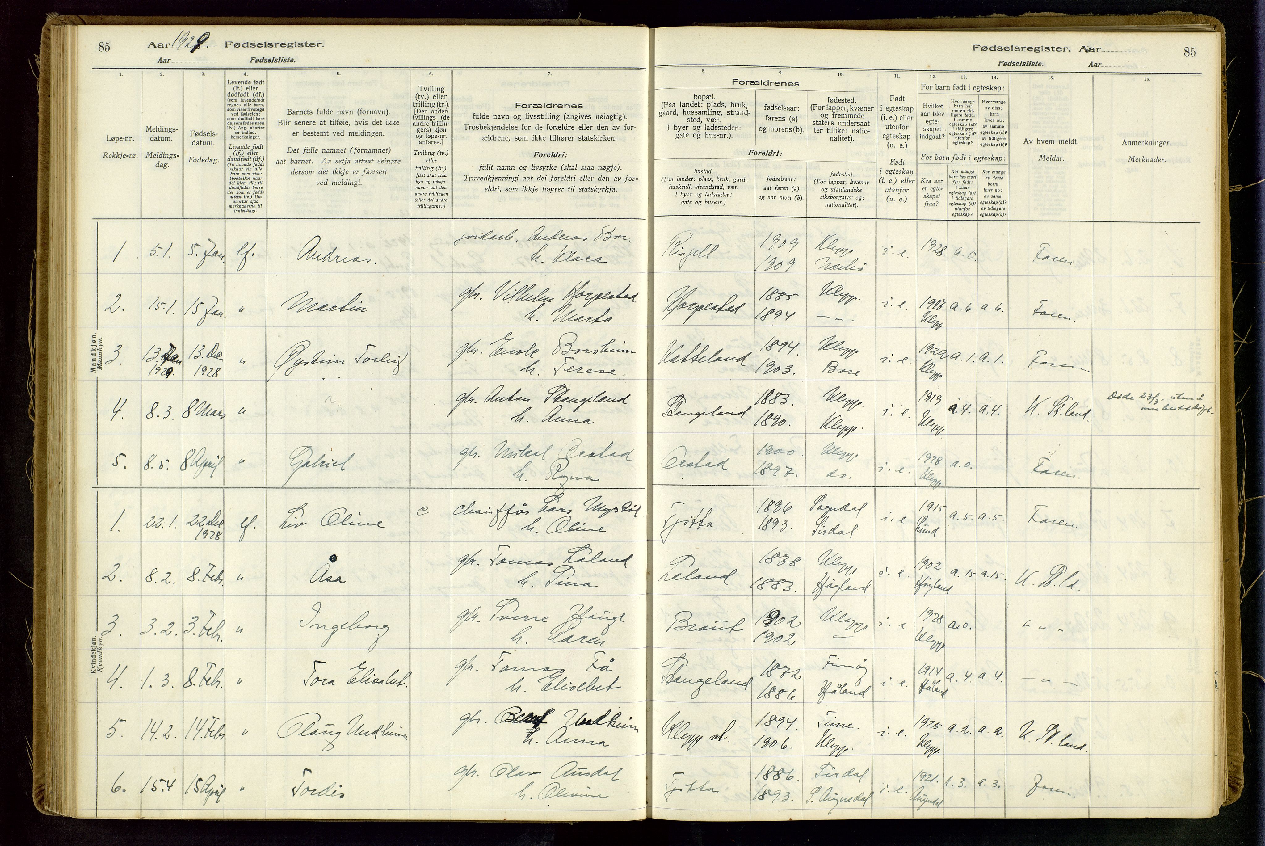 Klepp sokneprestkontor, SAST/A-101803/001/704BAA/L0001: Birth register no. 1, 1916-1948, p. 85