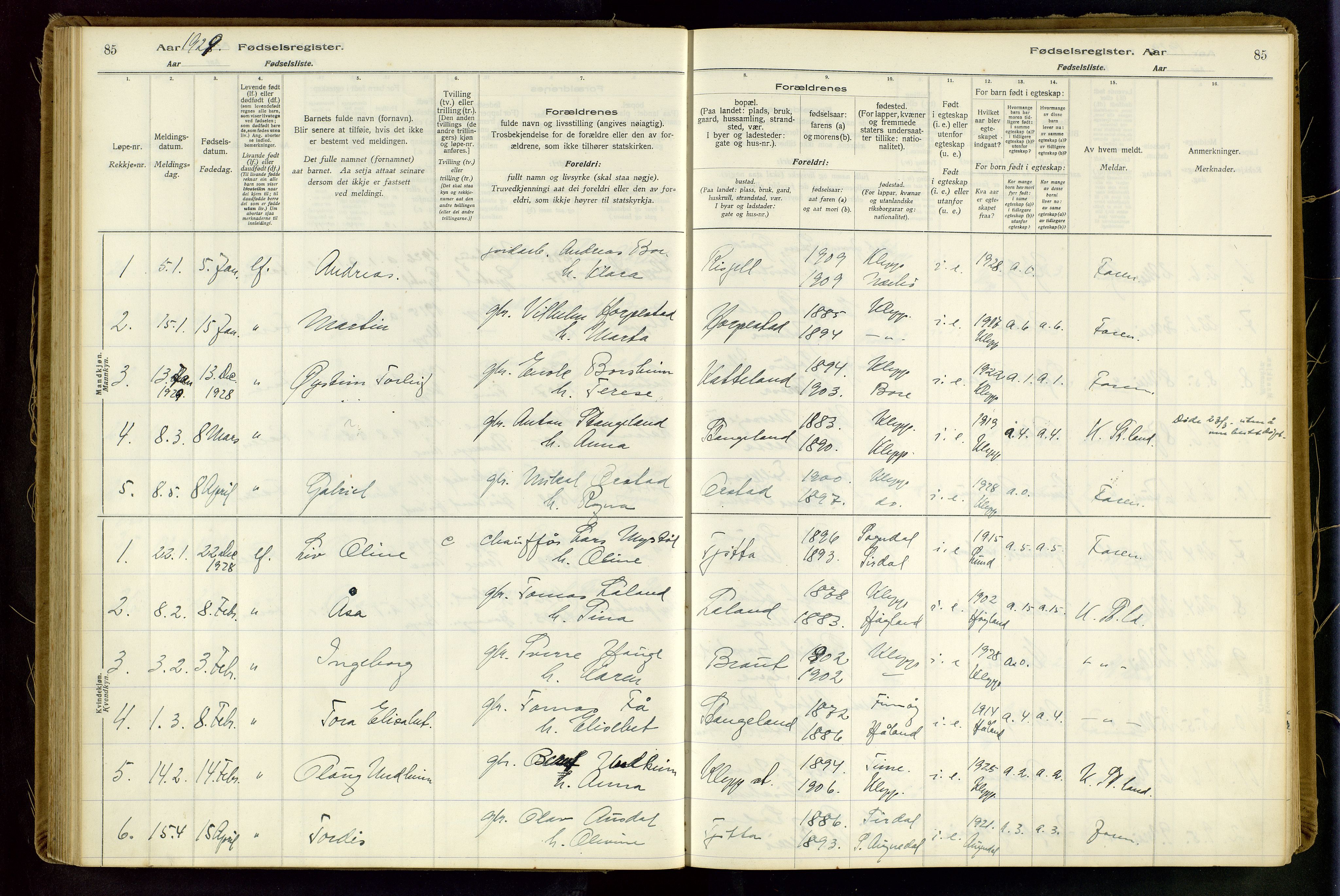 Klepp sokneprestkontor, AV/SAST-A-101803/001/704BAA/L0001: Birth register no. 1, 1916-1948, p. 85