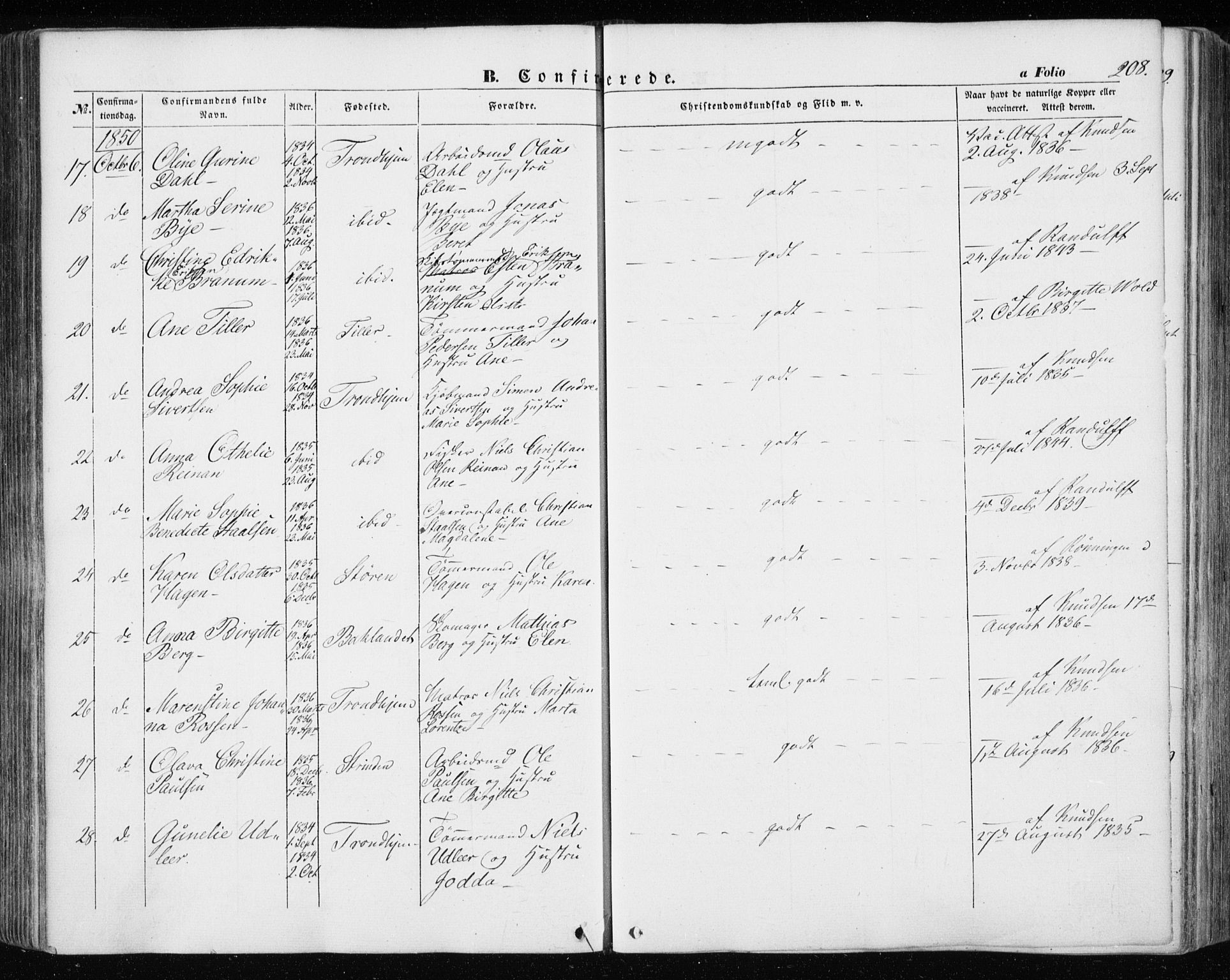 Ministerialprotokoller, klokkerbøker og fødselsregistre - Sør-Trøndelag, SAT/A-1456/601/L0051: Parish register (official) no. 601A19, 1848-1857, p. 208