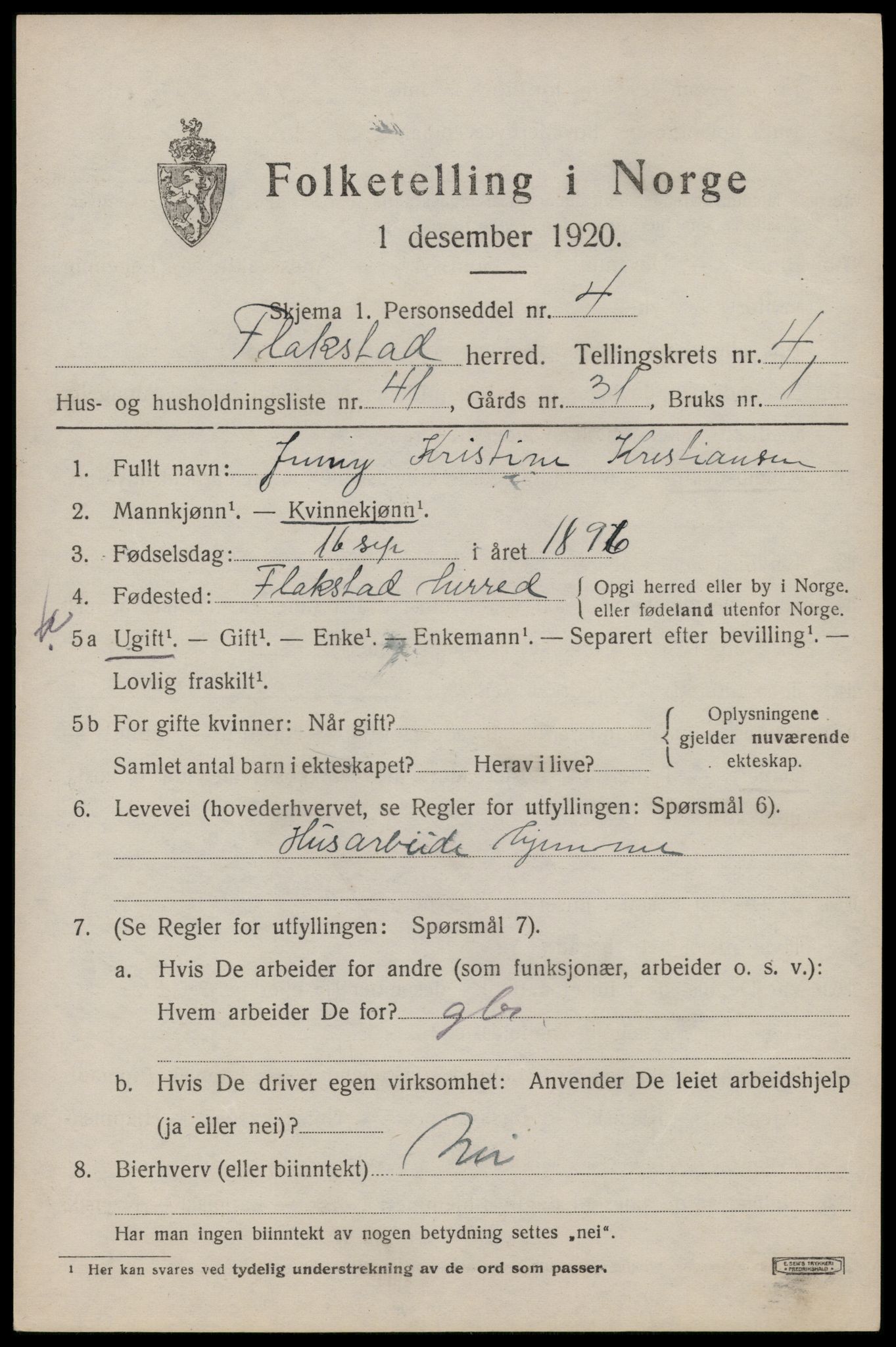 SAT, 1920 census for Flakstad, 1920, p. 3379