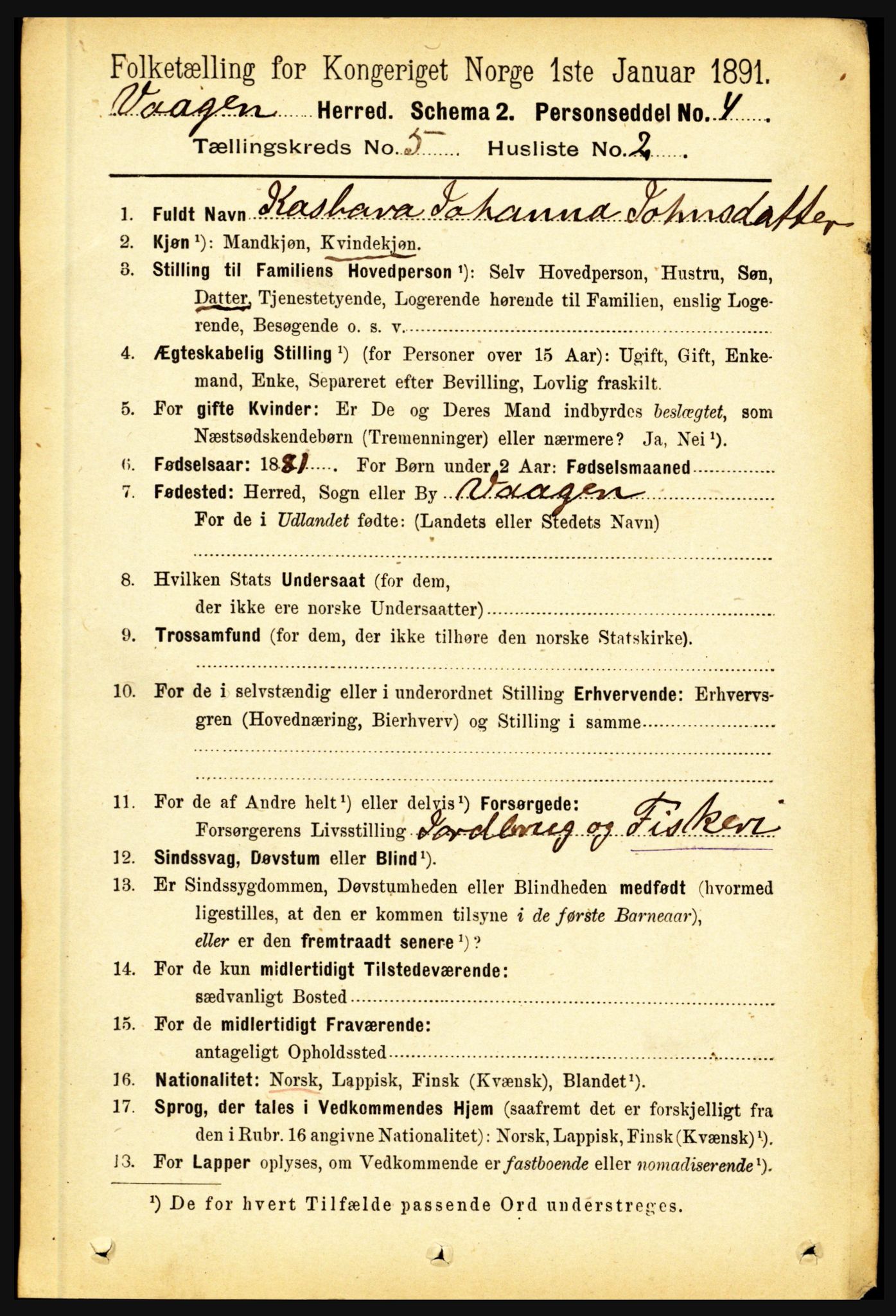 RA, 1891 census for 1865 Vågan, 1891, p. 1583