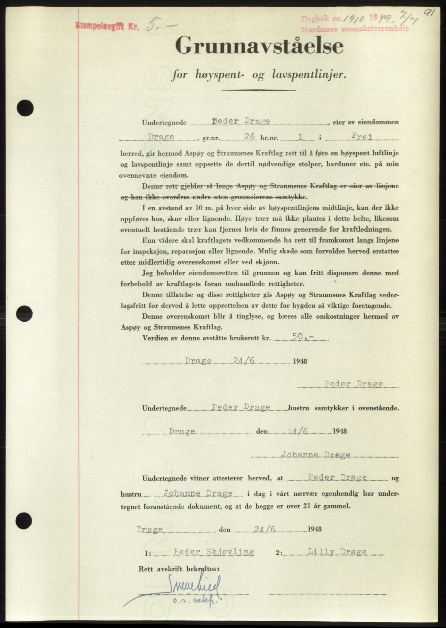 Nordmøre sorenskriveri, AV/SAT-A-4132/1/2/2Ca: Mortgage book no. B102, 1949-1949, Diary no: : 1910/1949