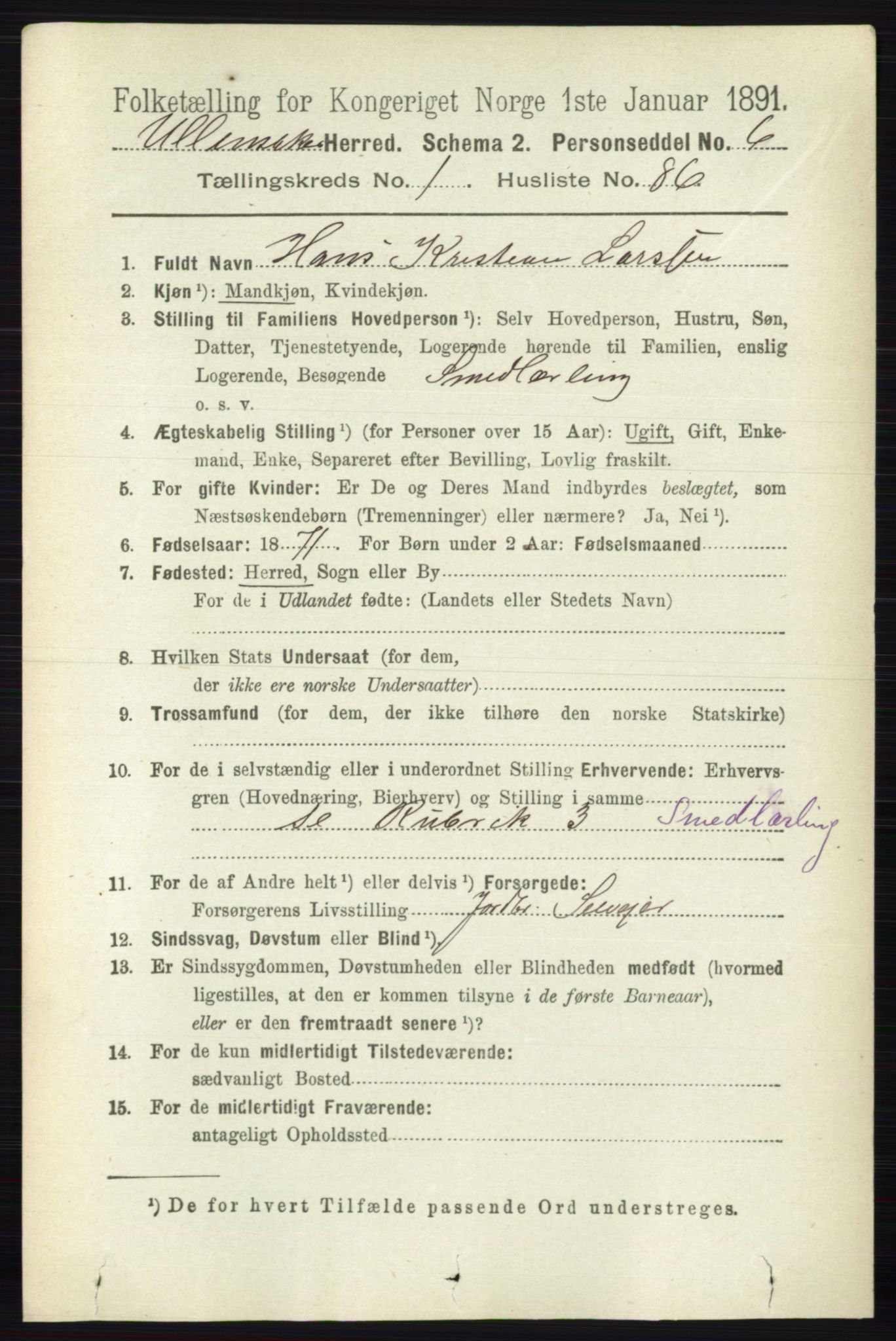 RA, 1891 census for 0235 Ullensaker, 1891, p. 625