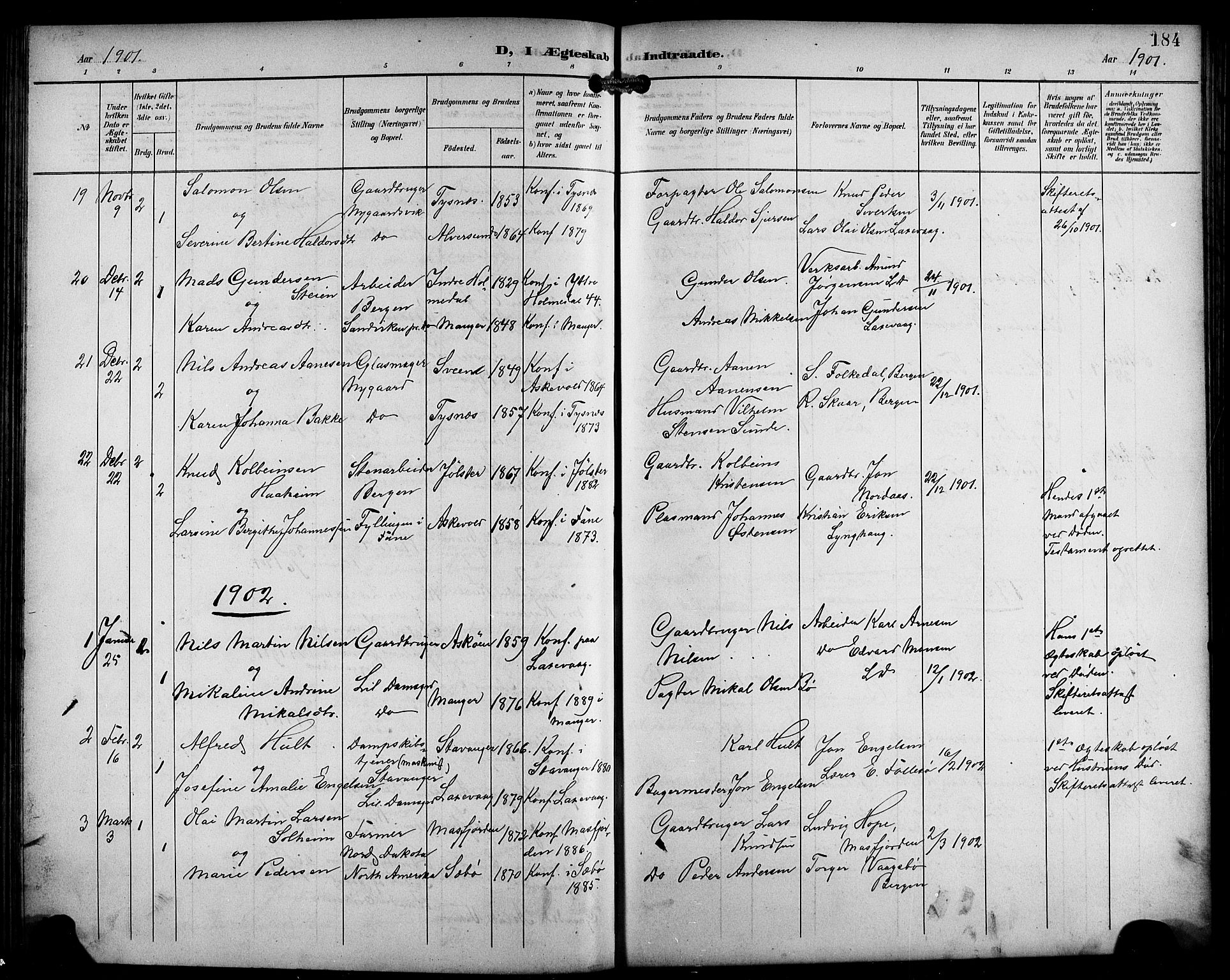 Laksevåg Sokneprestembete, SAB/A-76501/H/Ha/Hab/Haba/L0004: Parish register (copy) no. A 4, 1899-1909, p. 184