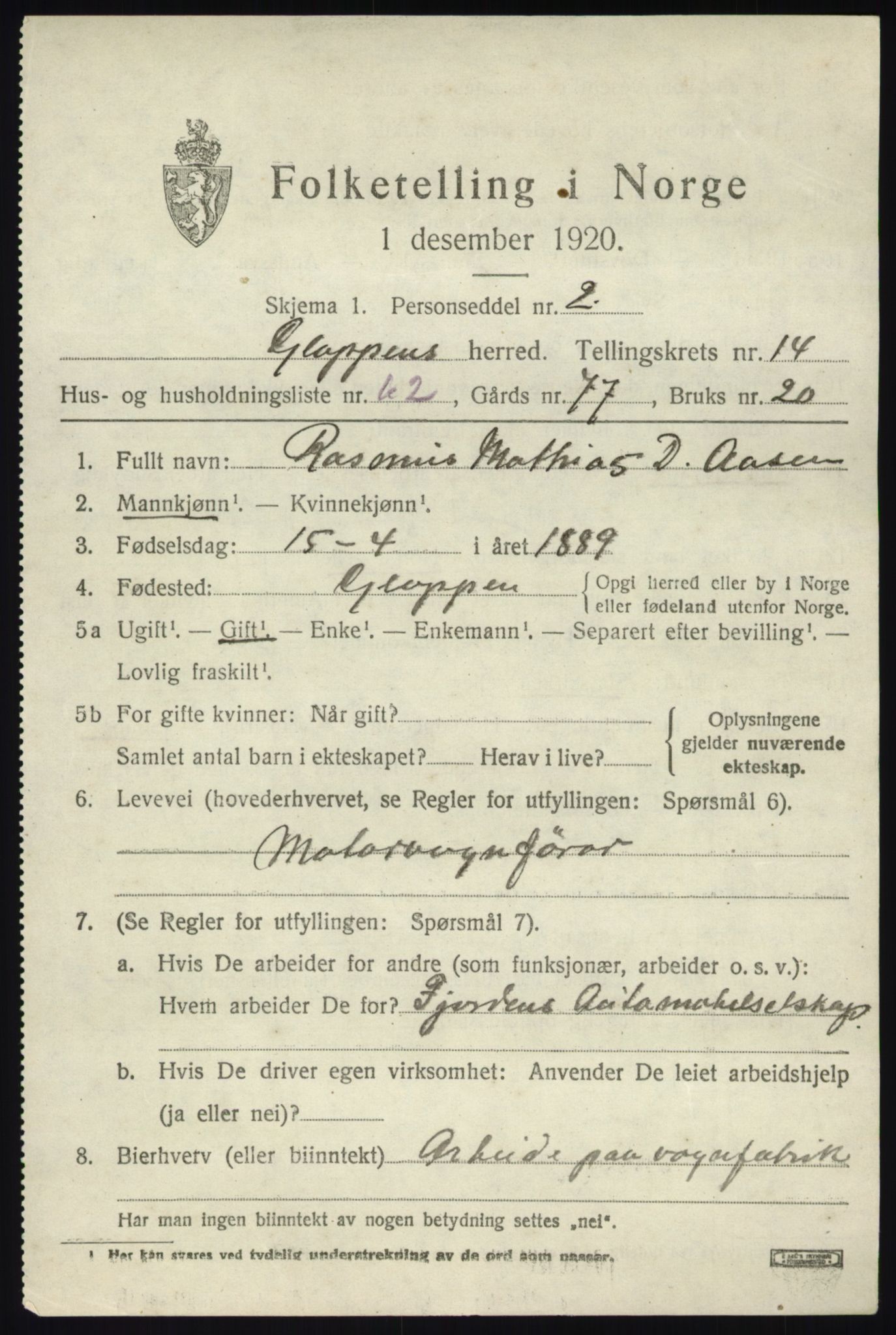 SAB, 1920 census for Gloppen, 1920, p. 7658