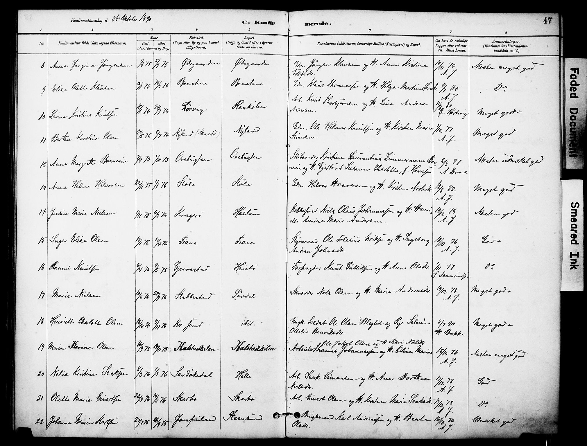 Skåtøy kirkebøker, AV/SAKO-A-304/F/Fa/L0003: Parish register (official) no. I 3, 1884-1899, p. 47