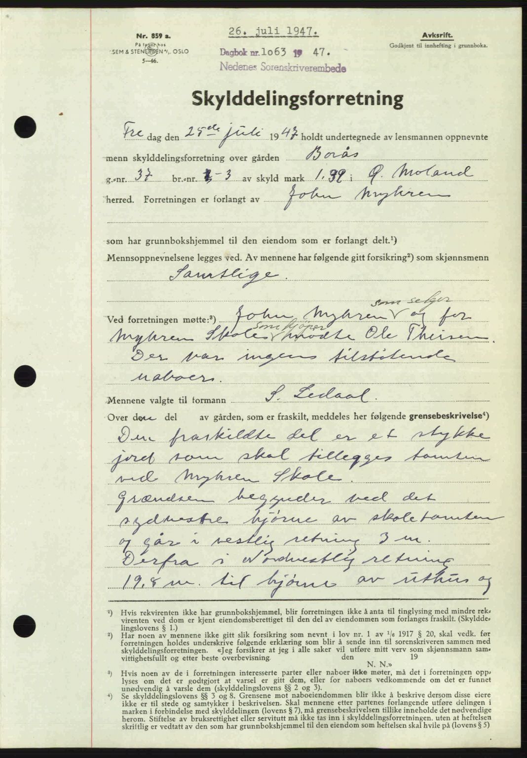 Nedenes sorenskriveri, AV/SAK-1221-0006/G/Gb/Gba/L0057: Mortgage book no. A9, 1947-1947, Diary no: : 1063/1947